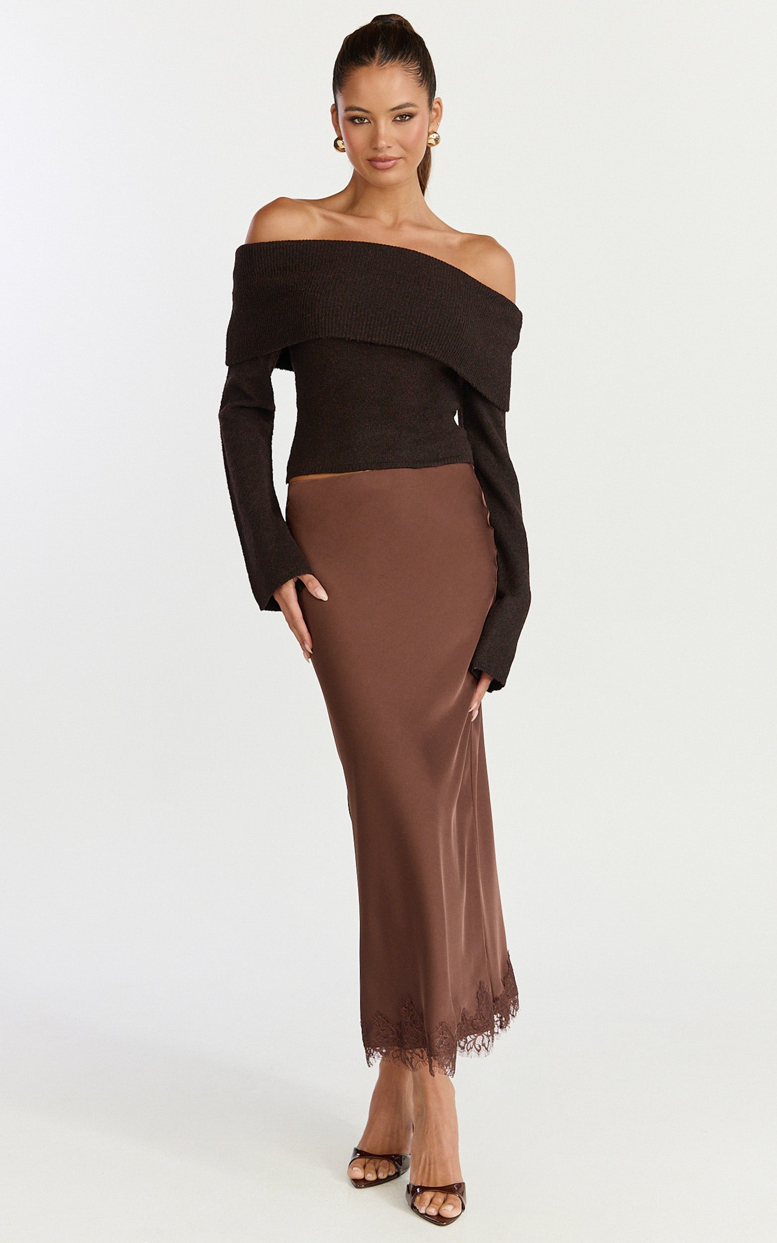 Darcie Top - Off Shoulder Long Sleeve Knitted Top in Chocolate