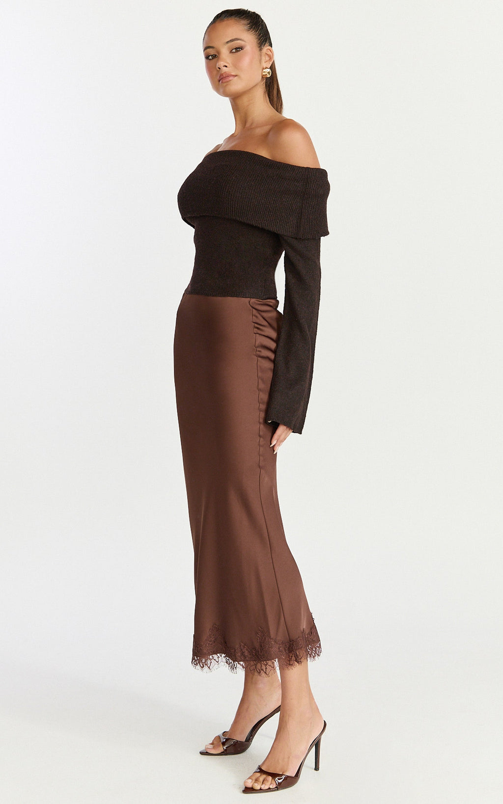 Darcie Top - Off Shoulder Long Sleeve Knitted Top in Chocolate