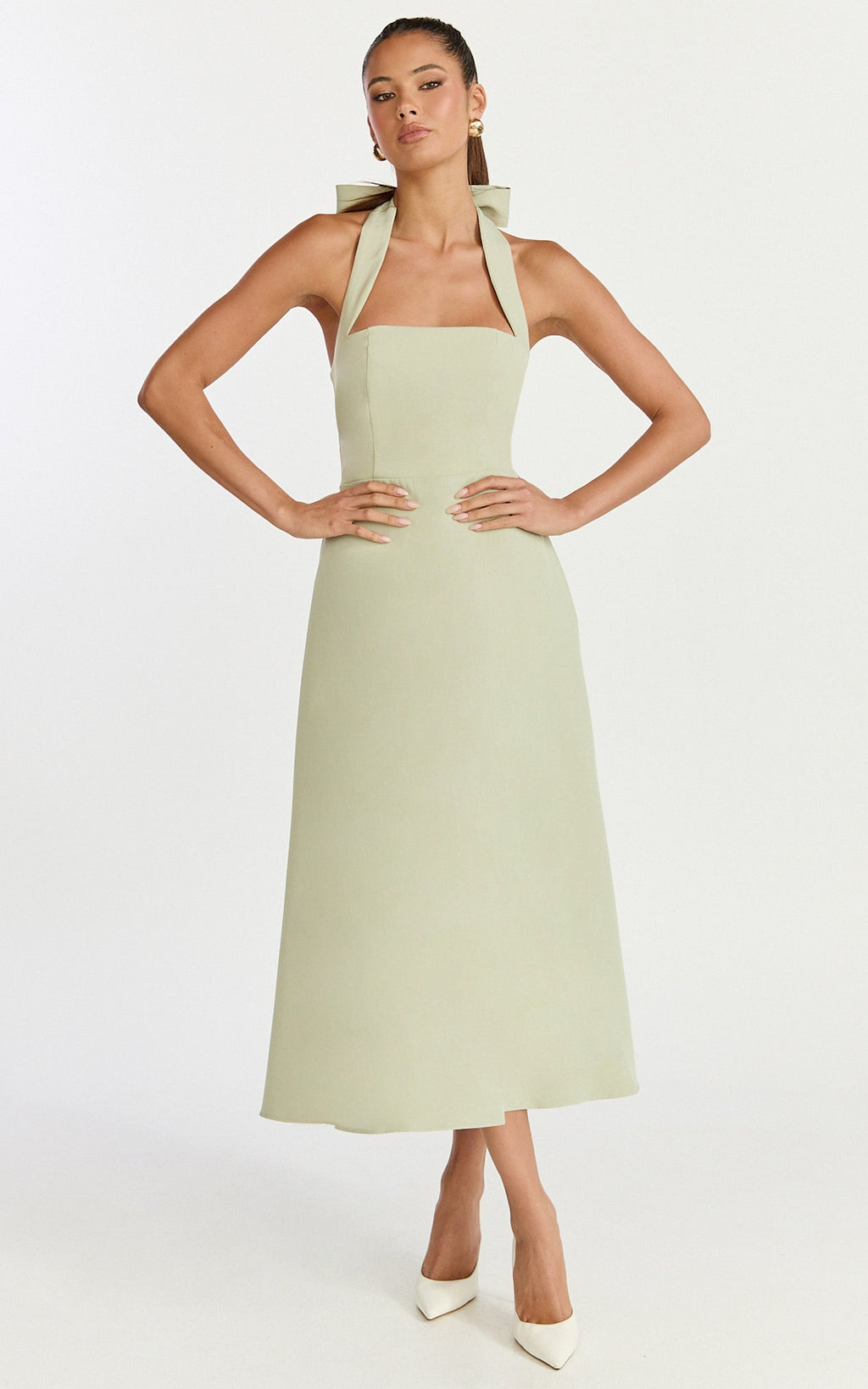 Karissa Midi Dress - Halter Neck Fitted Bodice Midi Soft A Line Skirt Dress in Pistachio