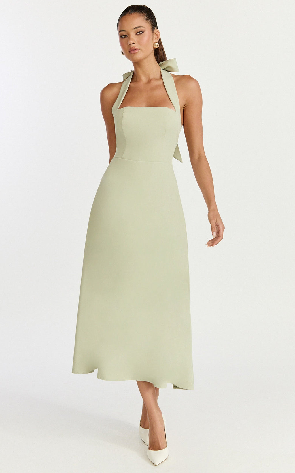 Karissa Midi Dress - Halter Neck Fitted Bodice Midi Soft A Line Skirt Dress in Pistachio