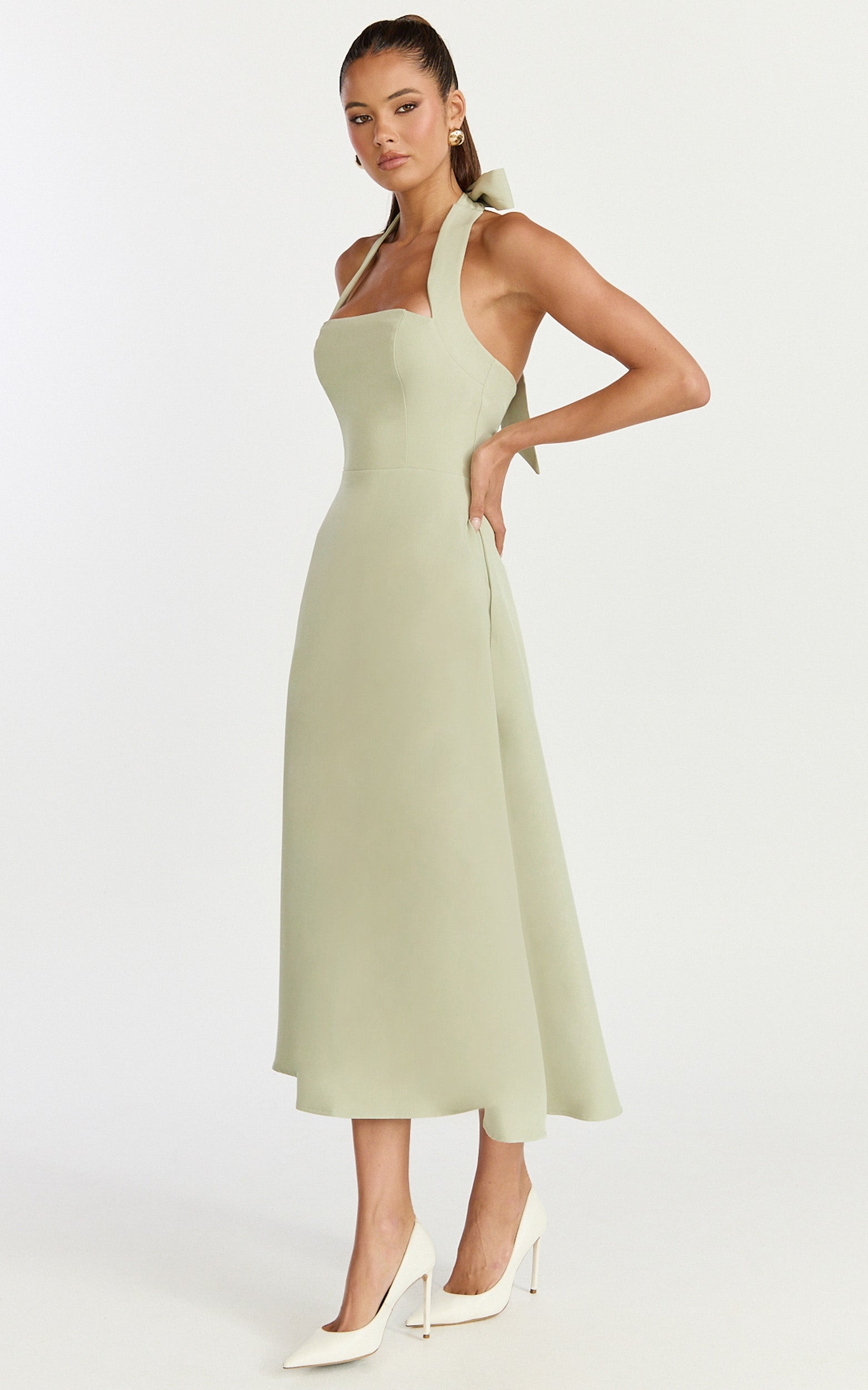 Karissa Midi Dress - Halter Neck Fitted Bodice Midi Soft A Line Skirt Dress in Pistachio