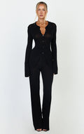 Ezra Two Piece Set - Knitted Button Down Long Sleeve Top and High Waist Pants Set in Black