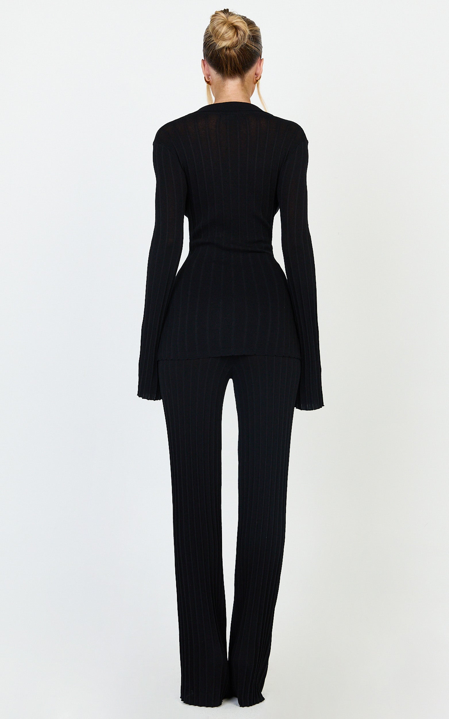 Ezra Two Piece Set - Knitted Button Down Long Sleeve Top and High Waist Pants Set in Black