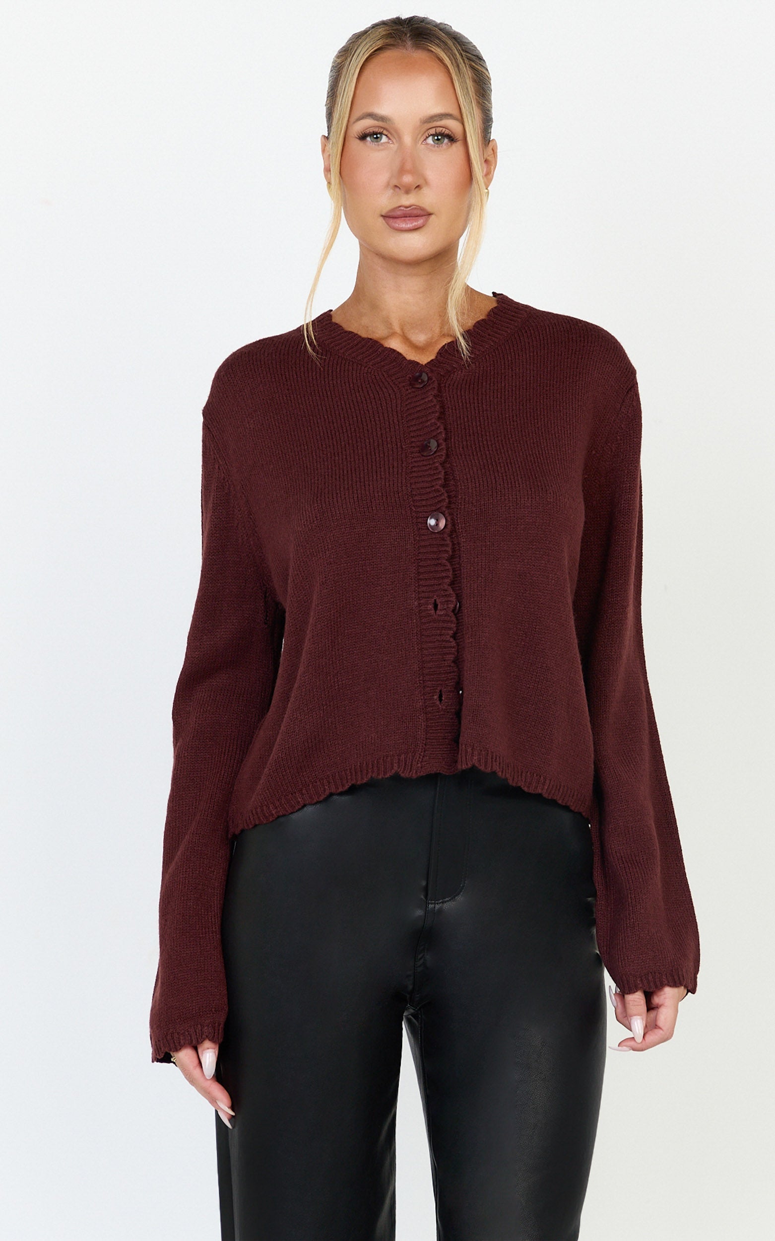 Nova Cardigan - Scallop Edge Button Down Cardigan in Wine