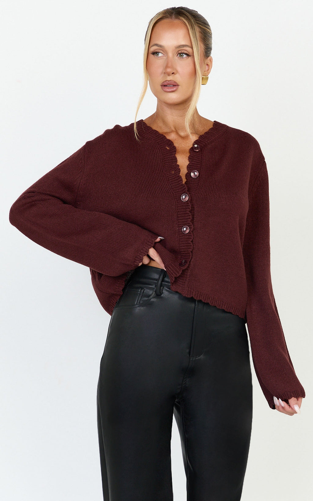 Nova Cardigan - Scallop Edge Button Down Cardigan in Wine