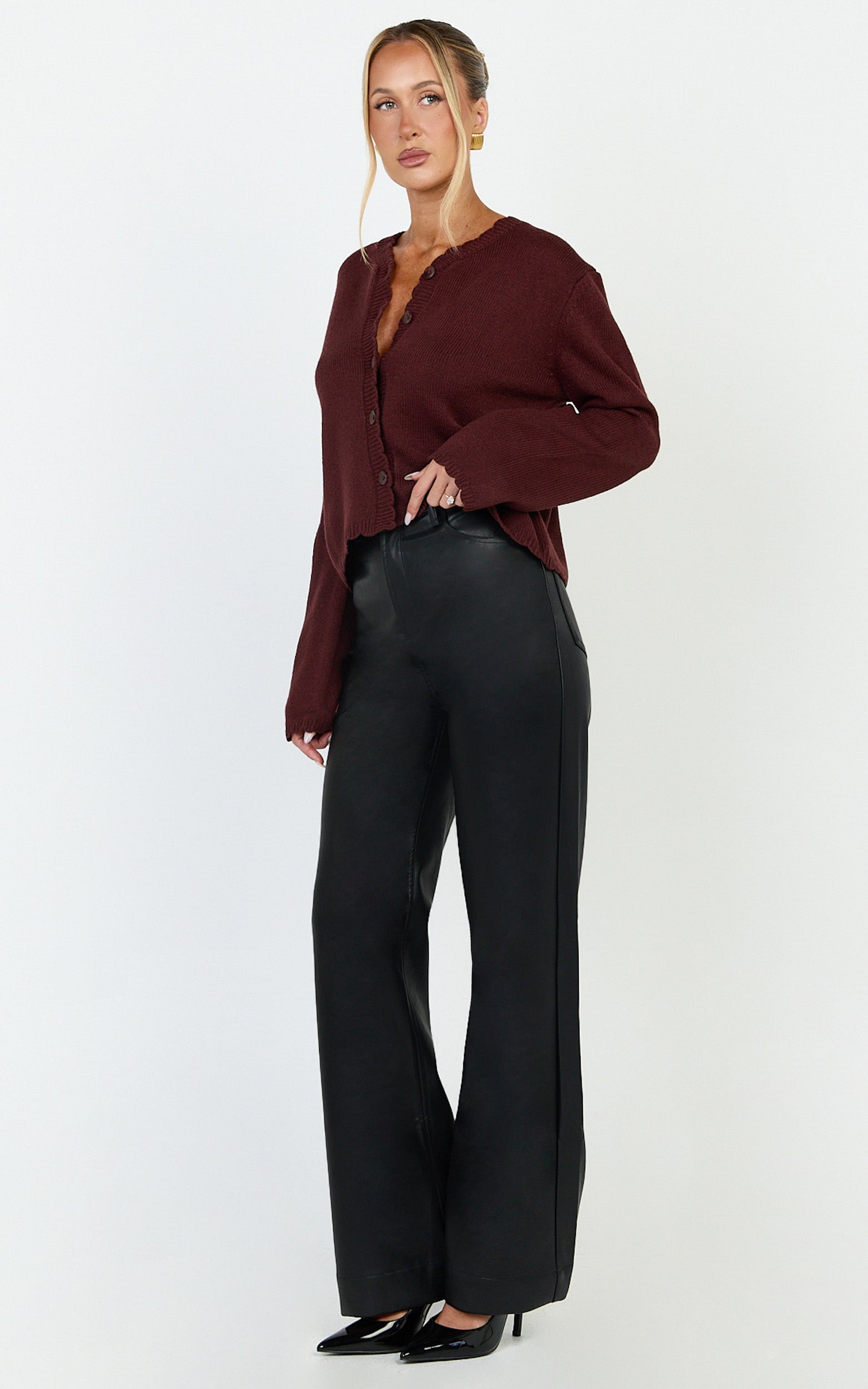 Nova Cardigan - Scallop Edge Button Down Cardigan in Wine