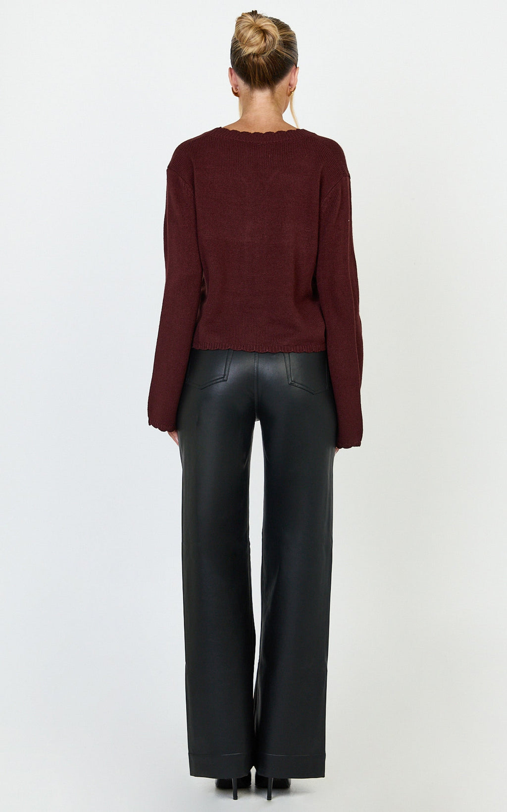 Nova Cardigan - Scallop Edge Button Down Cardigan in Wine