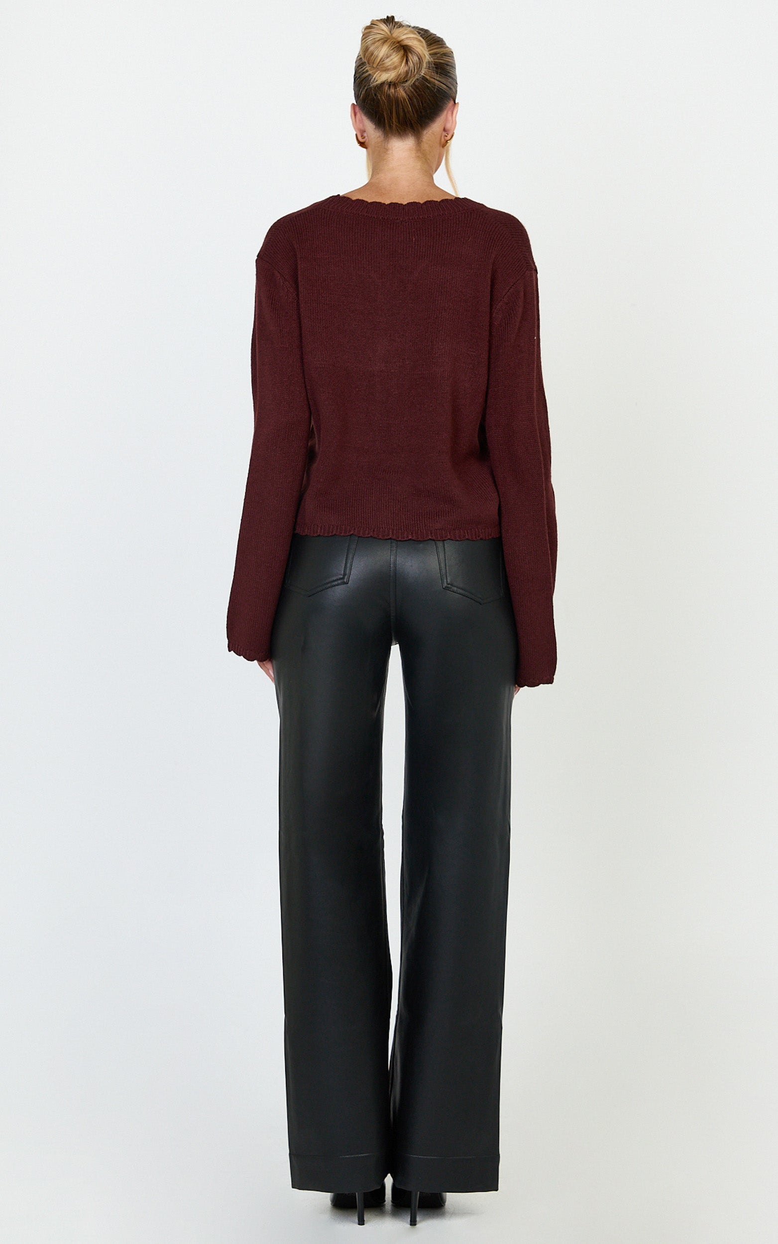 Nova Cardigan - Scallop Edge Button Down Cardigan in Wine