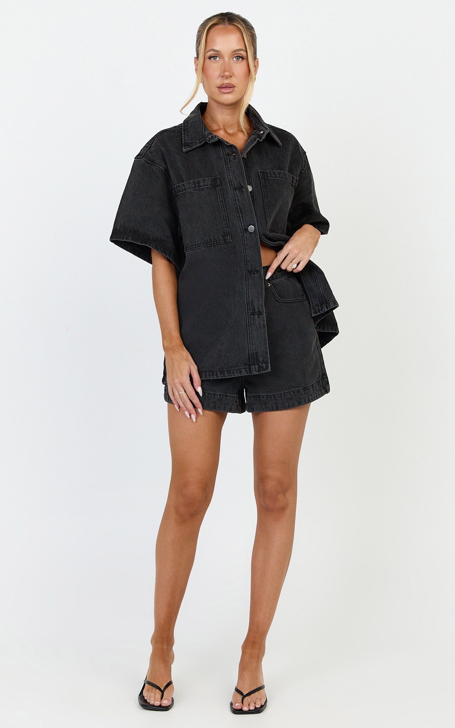 Iris Top - Oversized Recycled Denim Short Sleeve Shirt in Black