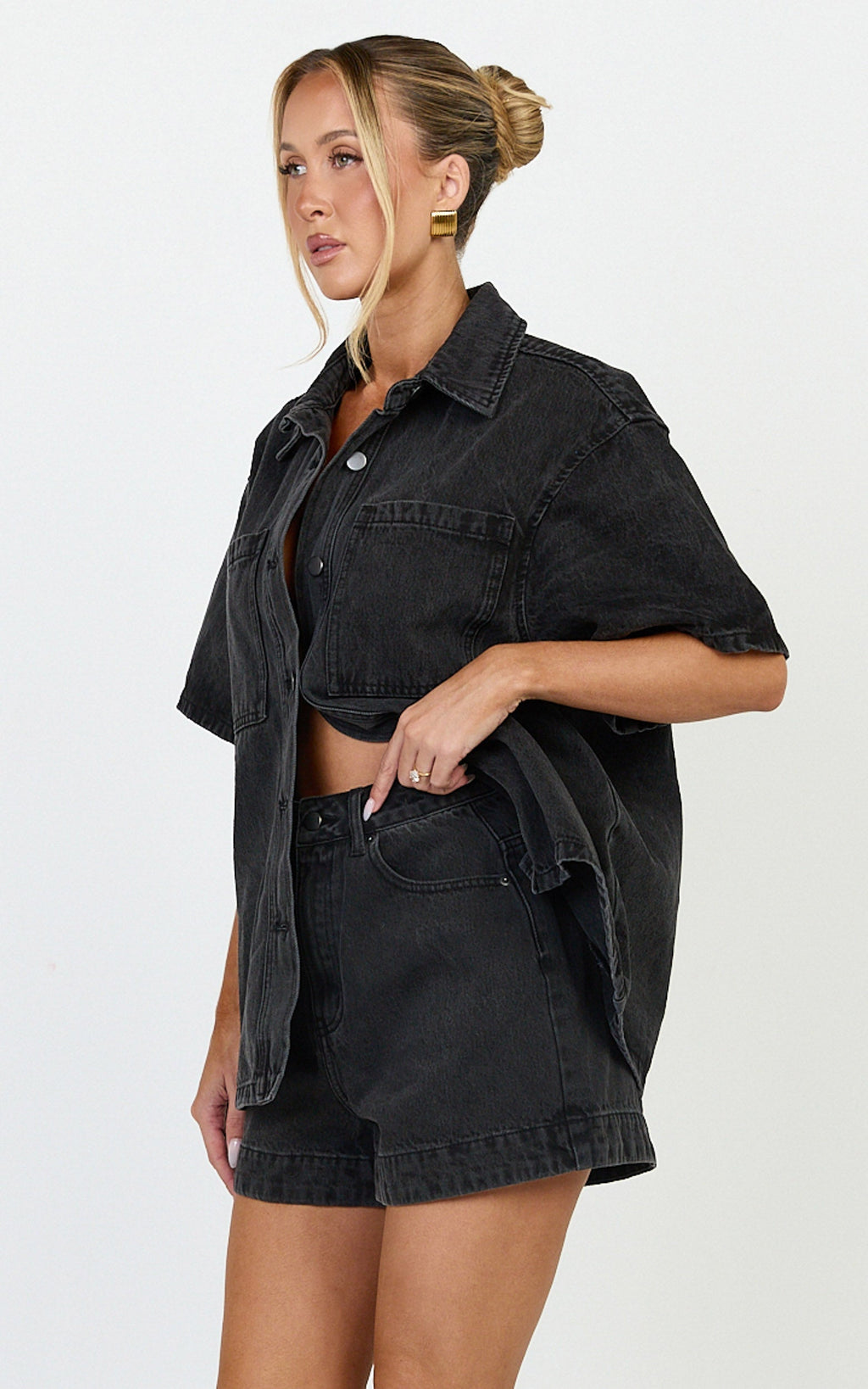 Iris Top - Oversized Recycled Denim Short Sleeve Shirt in Black