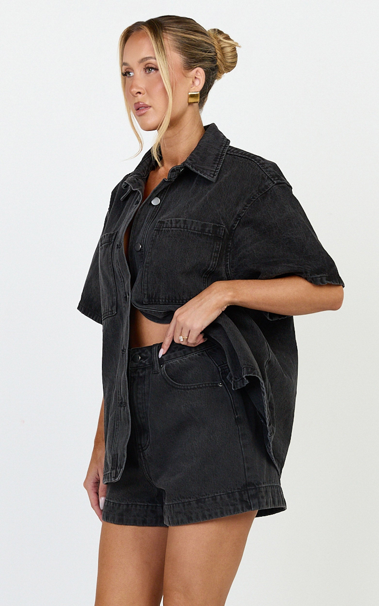 Iris Top - Oversized Recycled Denim Short Sleeve Shirt in Black