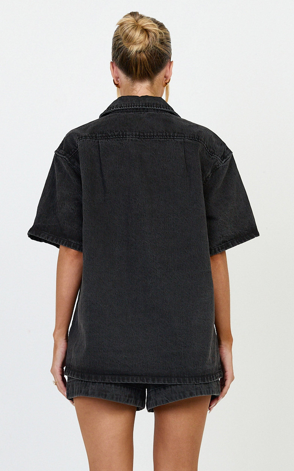 Iris Top - Oversized Recycled Denim Short Sleeve Shirt in Black