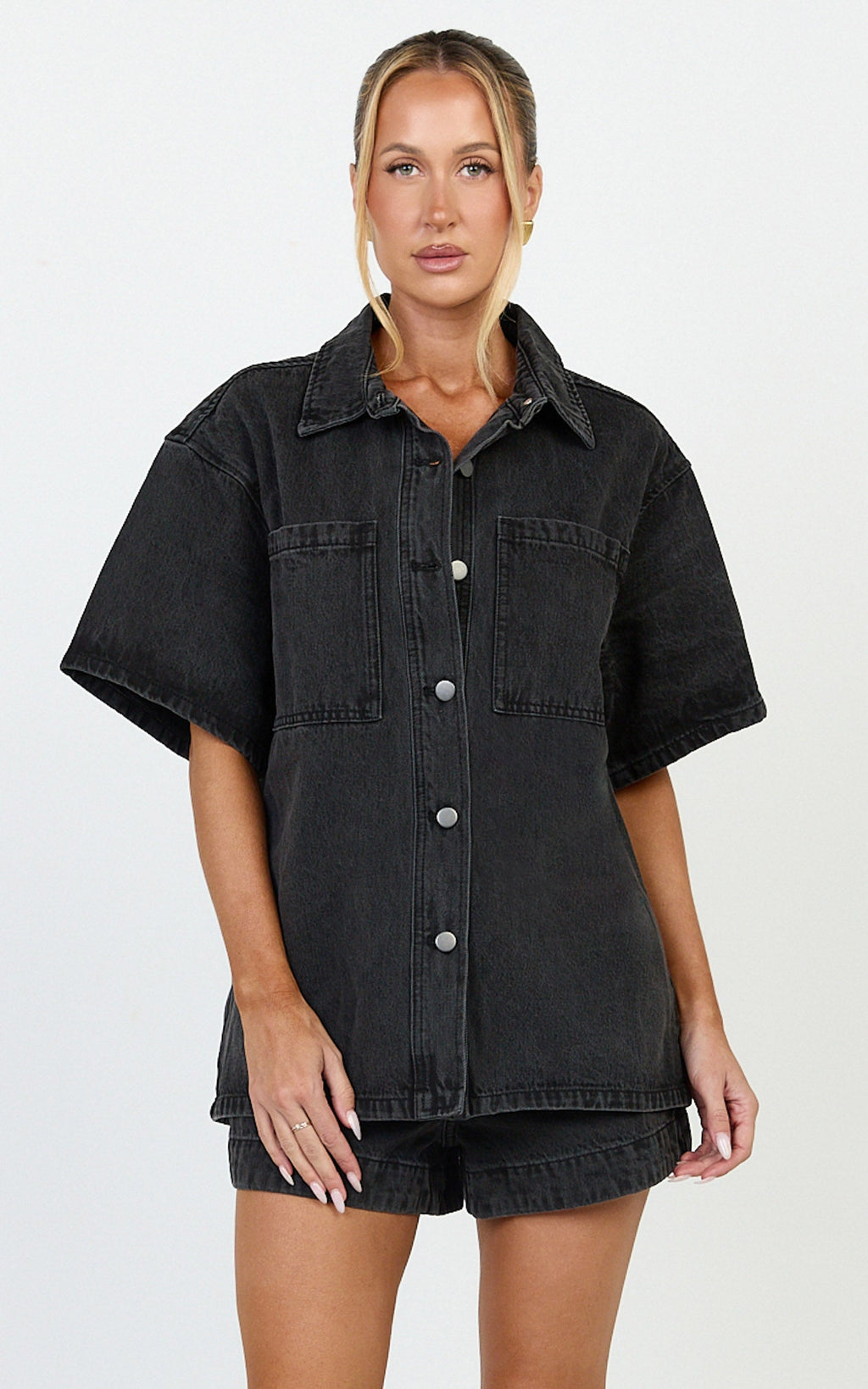 Iris Top - Oversized Recycled Denim Short Sleeve Shirt in Black