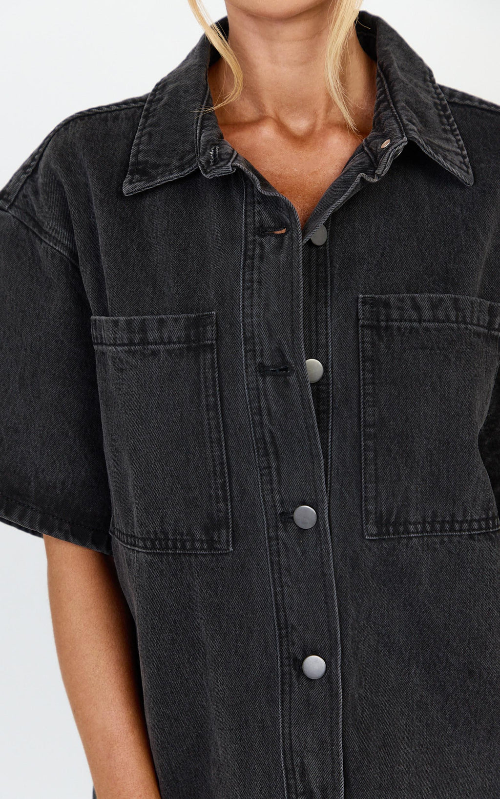 Iris Top - Oversized Recycled Denim Short Sleeve Shirt in Black
