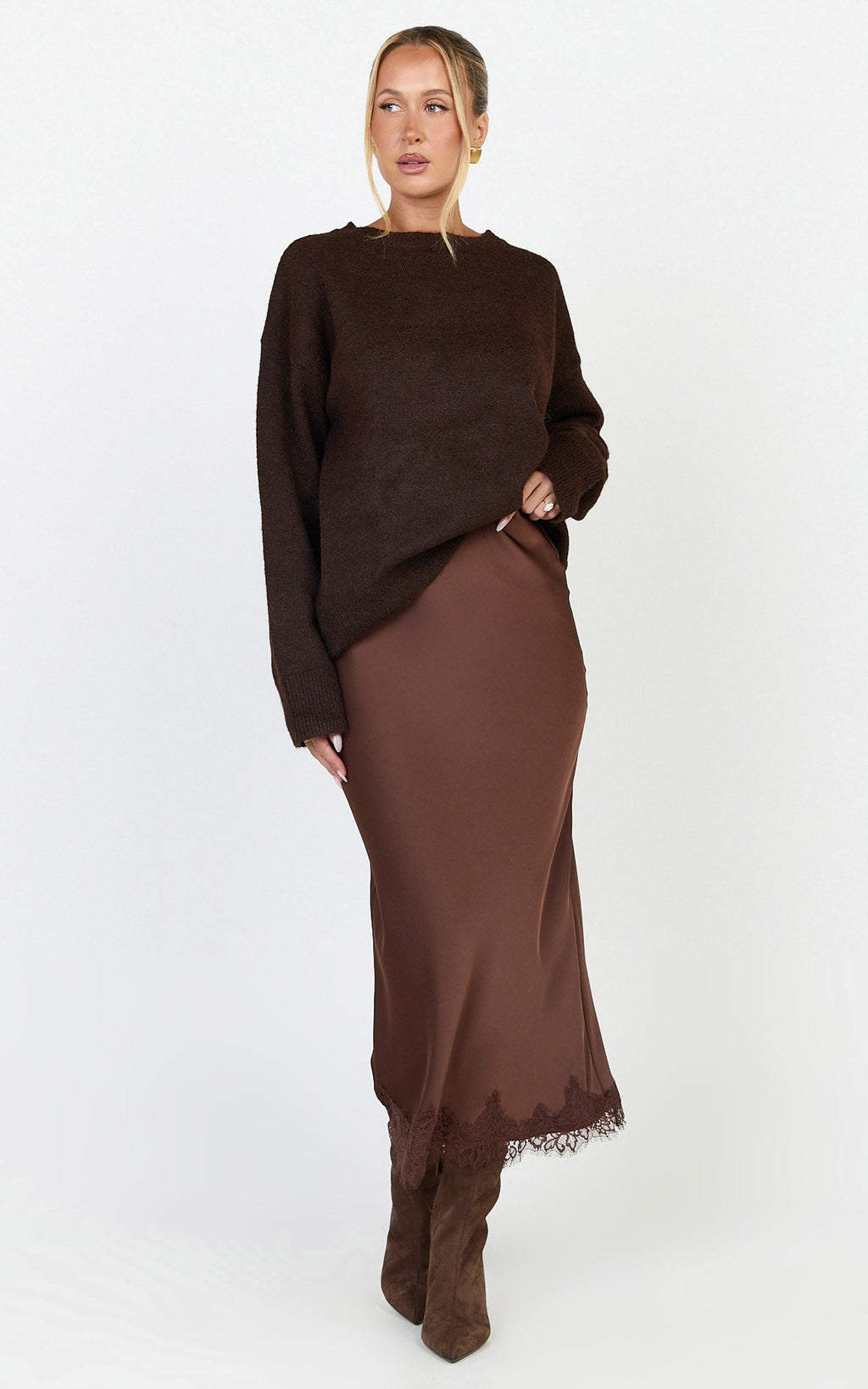 Ava Midi Skirt - Mid Waist Lace Trim Slip Skirt in Chocolate