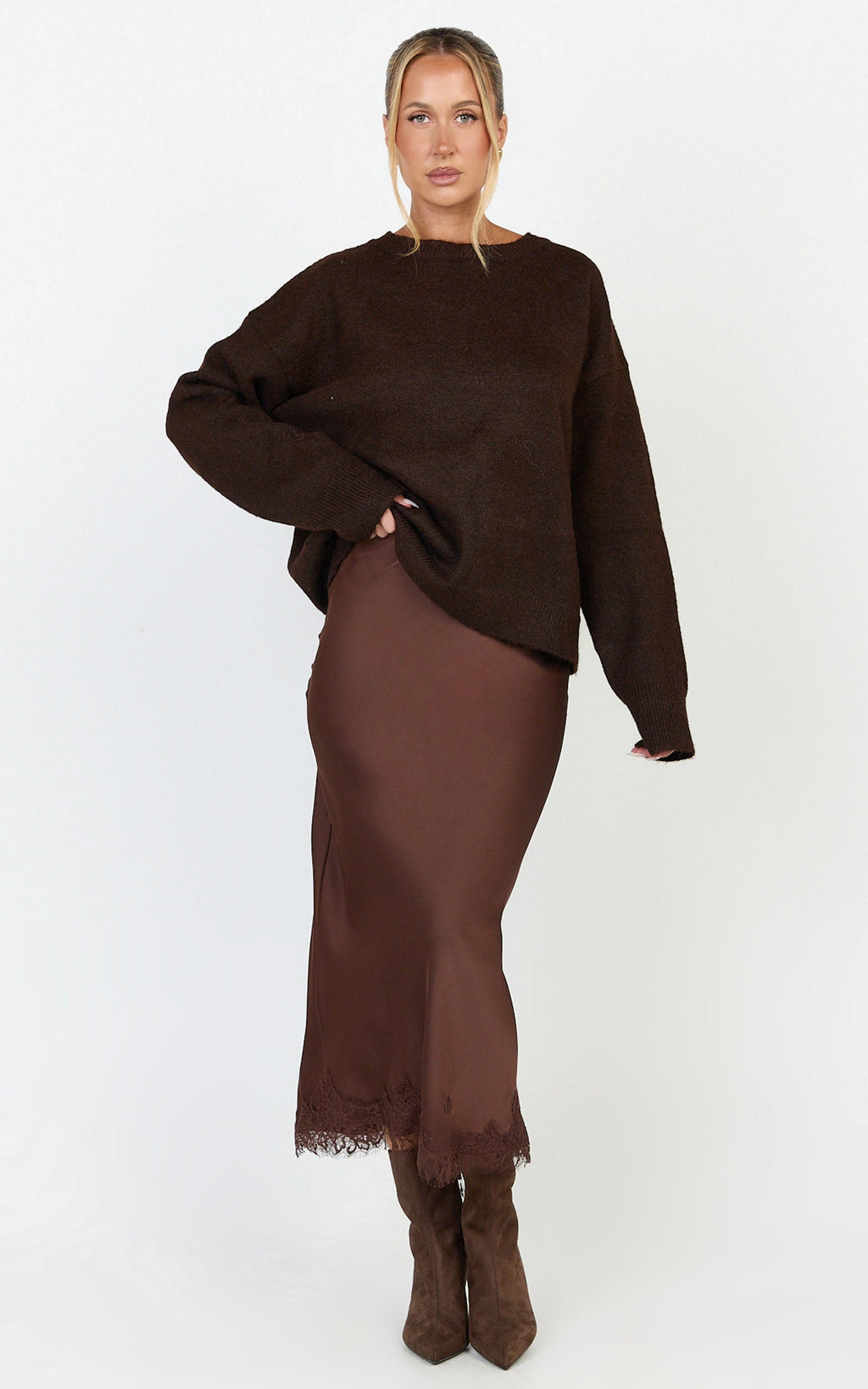 Ava Midi Skirt - Mid Waist Lace Trim Slip Skirt in Chocolate