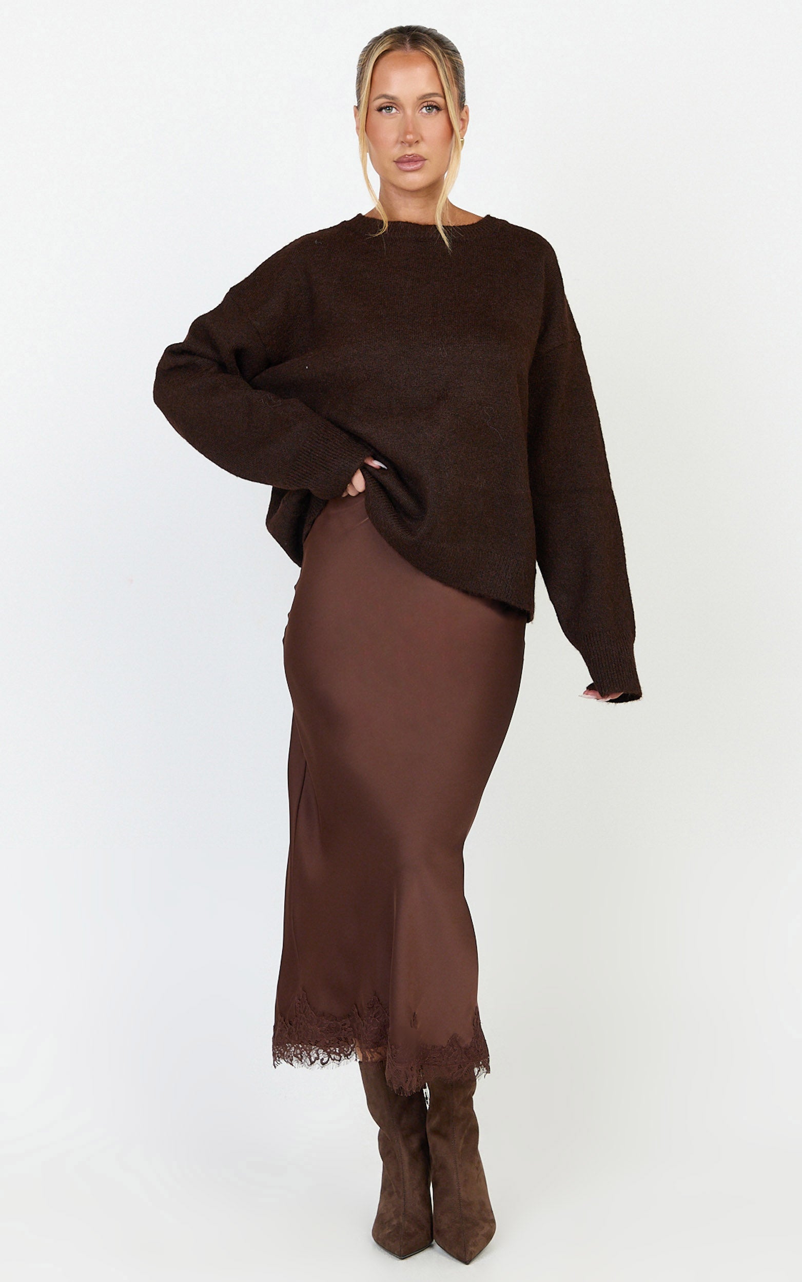 Ava Midi Skirt - Mid Waist Lace Trim Slip Skirt in Chocolate