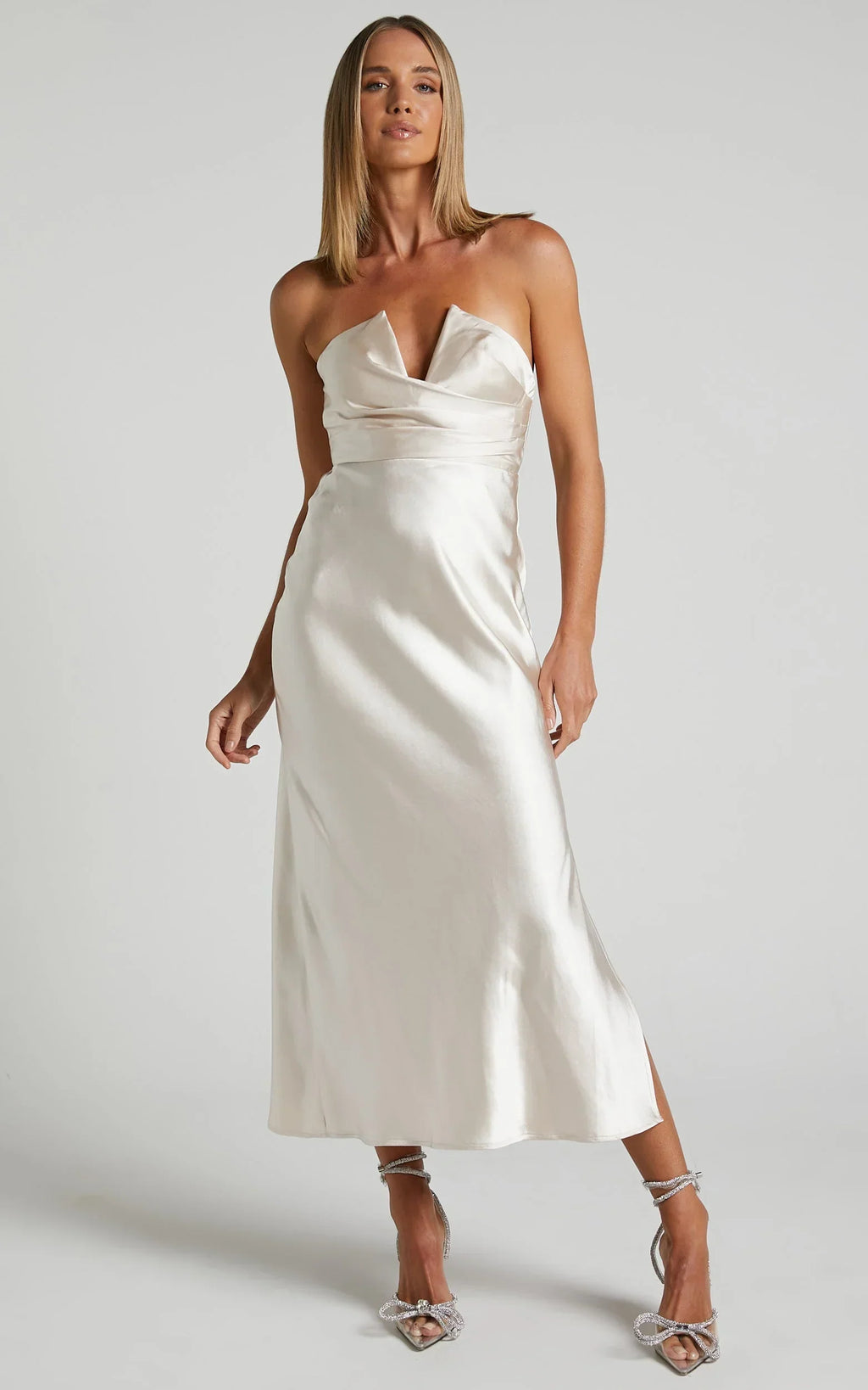 Jaslynn Midi Dress - Strapless V Neck Satin Dress in Champagne