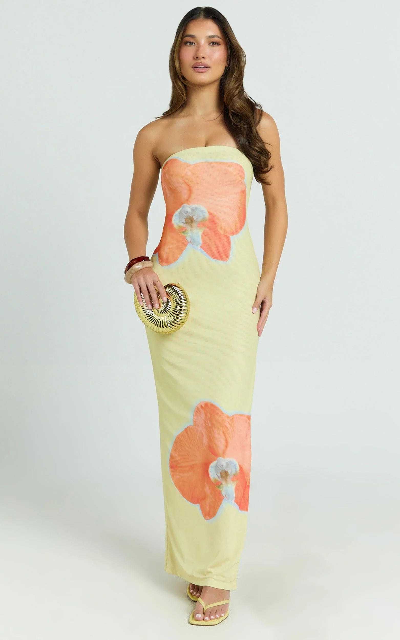 Aretta Maxi Dress - Strapless Fitted Placement Mesh Print Dress in Orchid Print