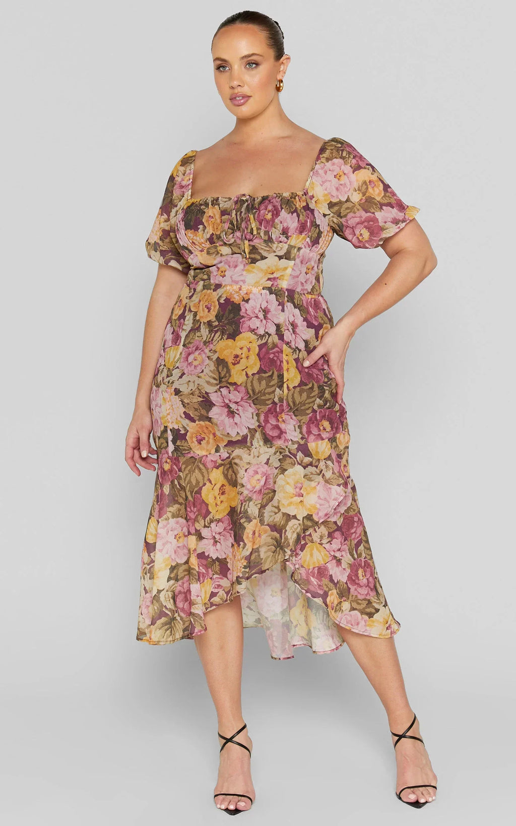 Jasalina Midi Dress - Puff Sleeve Dress in Classic Floral