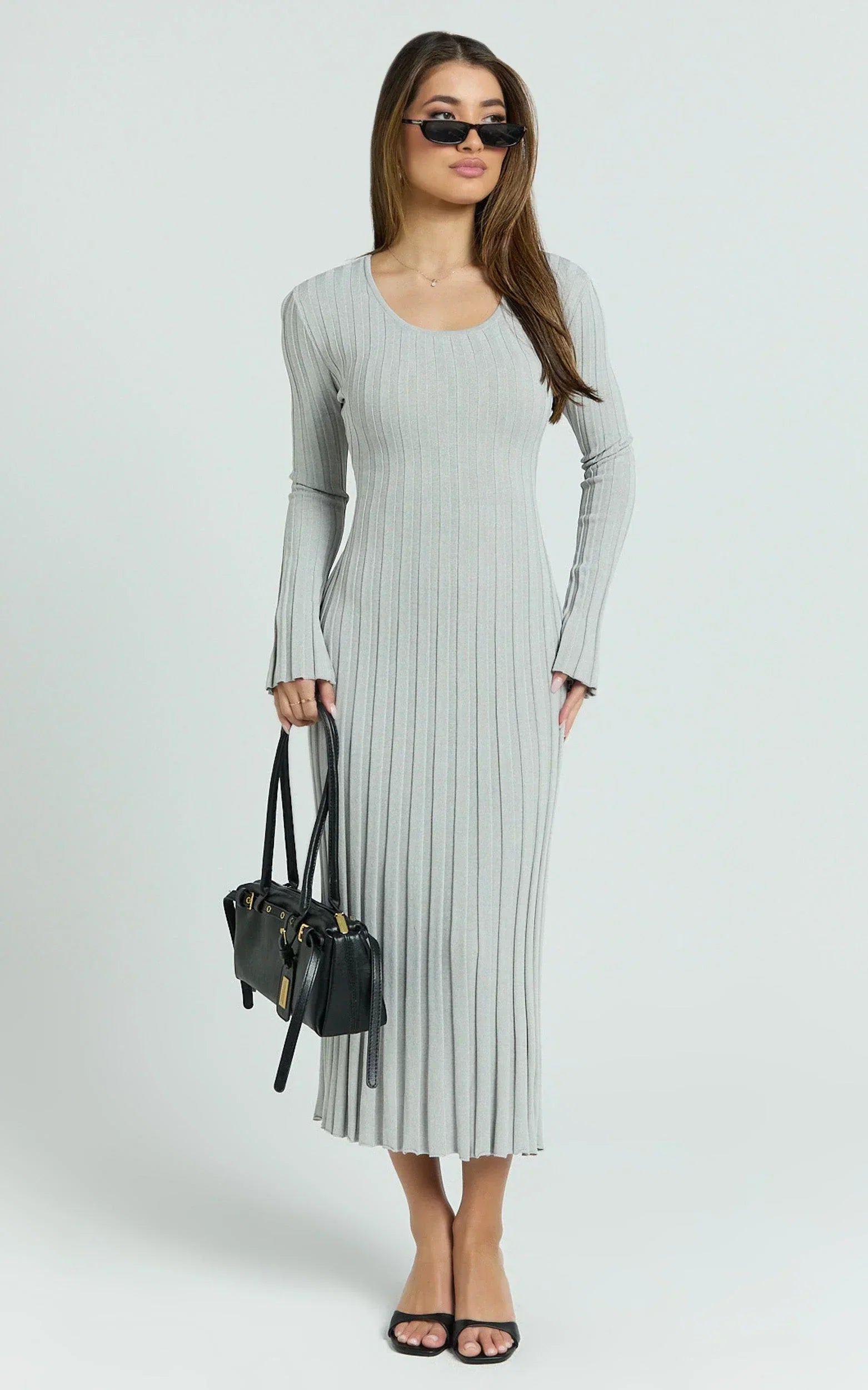 Blaire Midi Dress - Long Sleeve Tie Back Flare Dress in Grey Marle