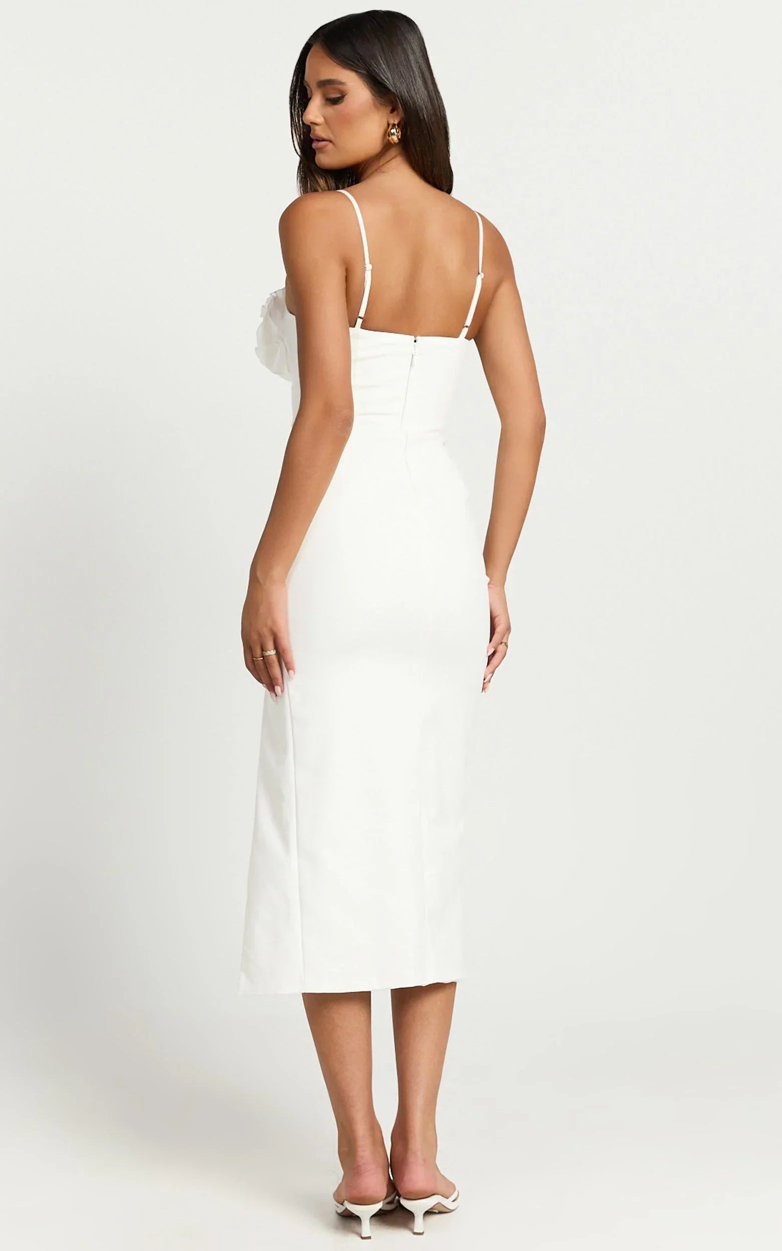 Benji Midi Dress - Ruffle Bodice Fitted Side Split Dress in Off White