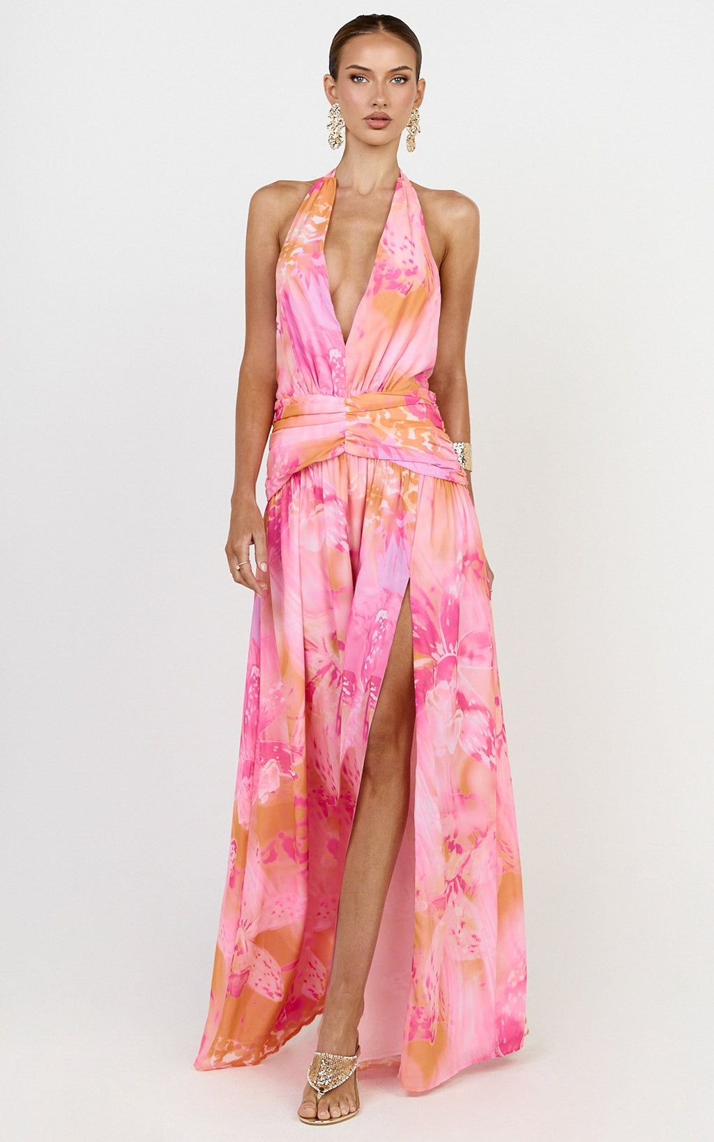 Nova Maxi Dress - Plunge Neckline Backless Georgette Dress in Hot House Orchid Print