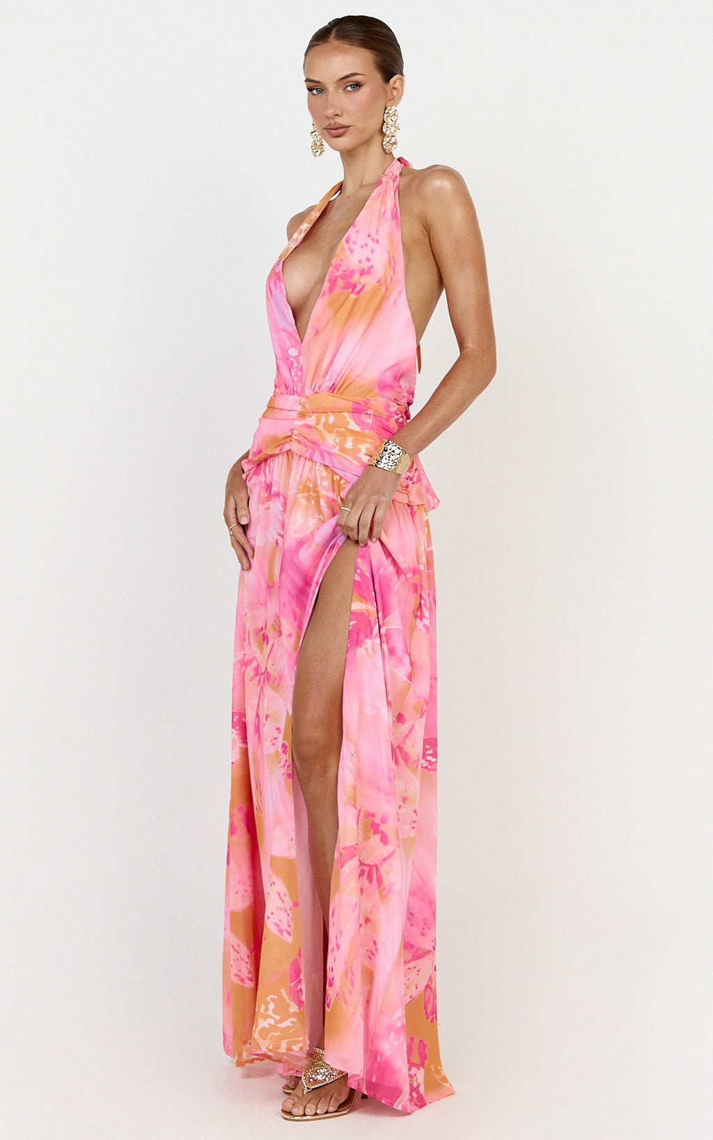 Nova Maxi Dress - Plunge Neckline Backless Georgette Dress in Hot House Orchid Print
