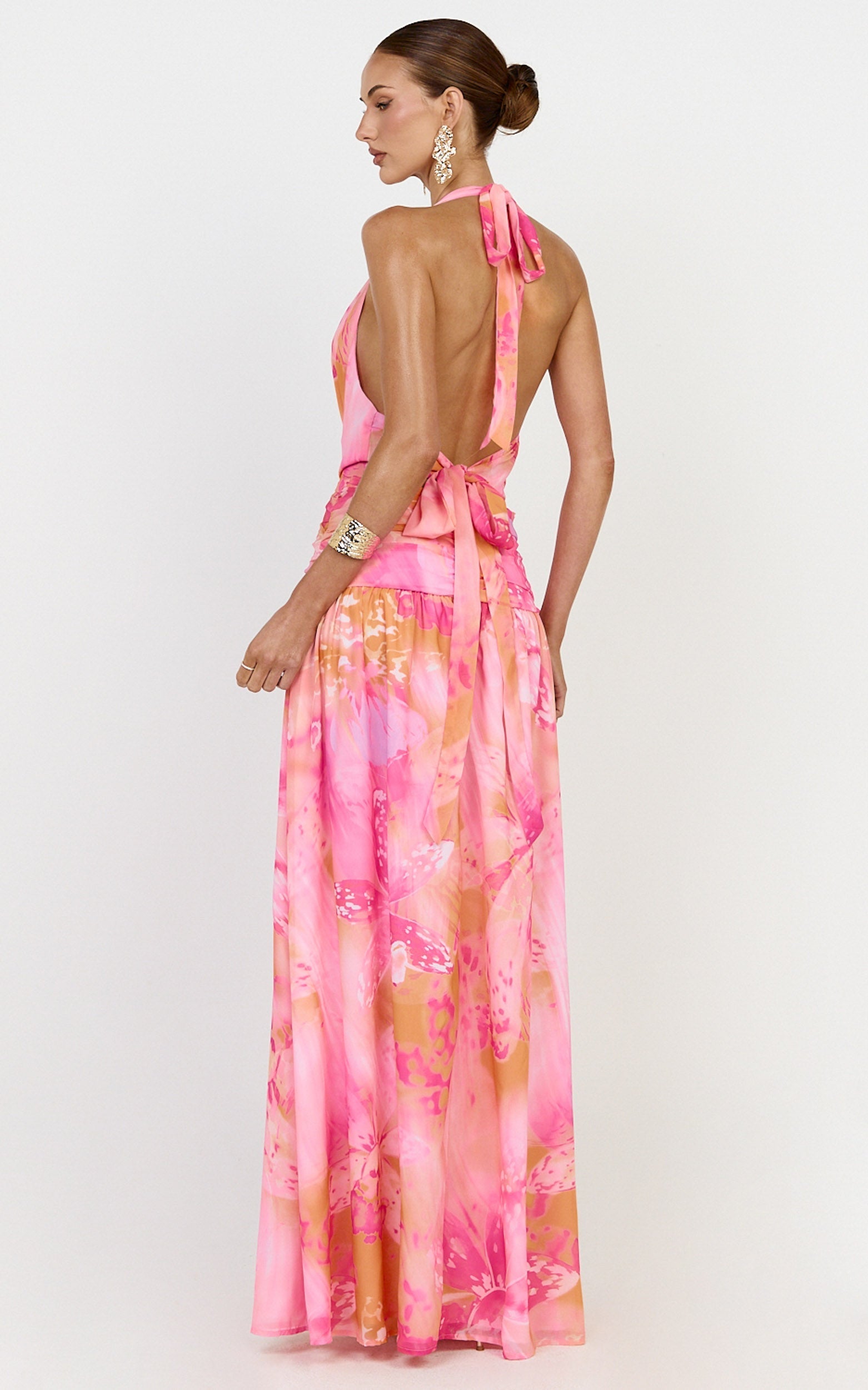 Nova Maxi Dress - Plunge Neckline Backless Georgette Dress in Hot House Orchid Print