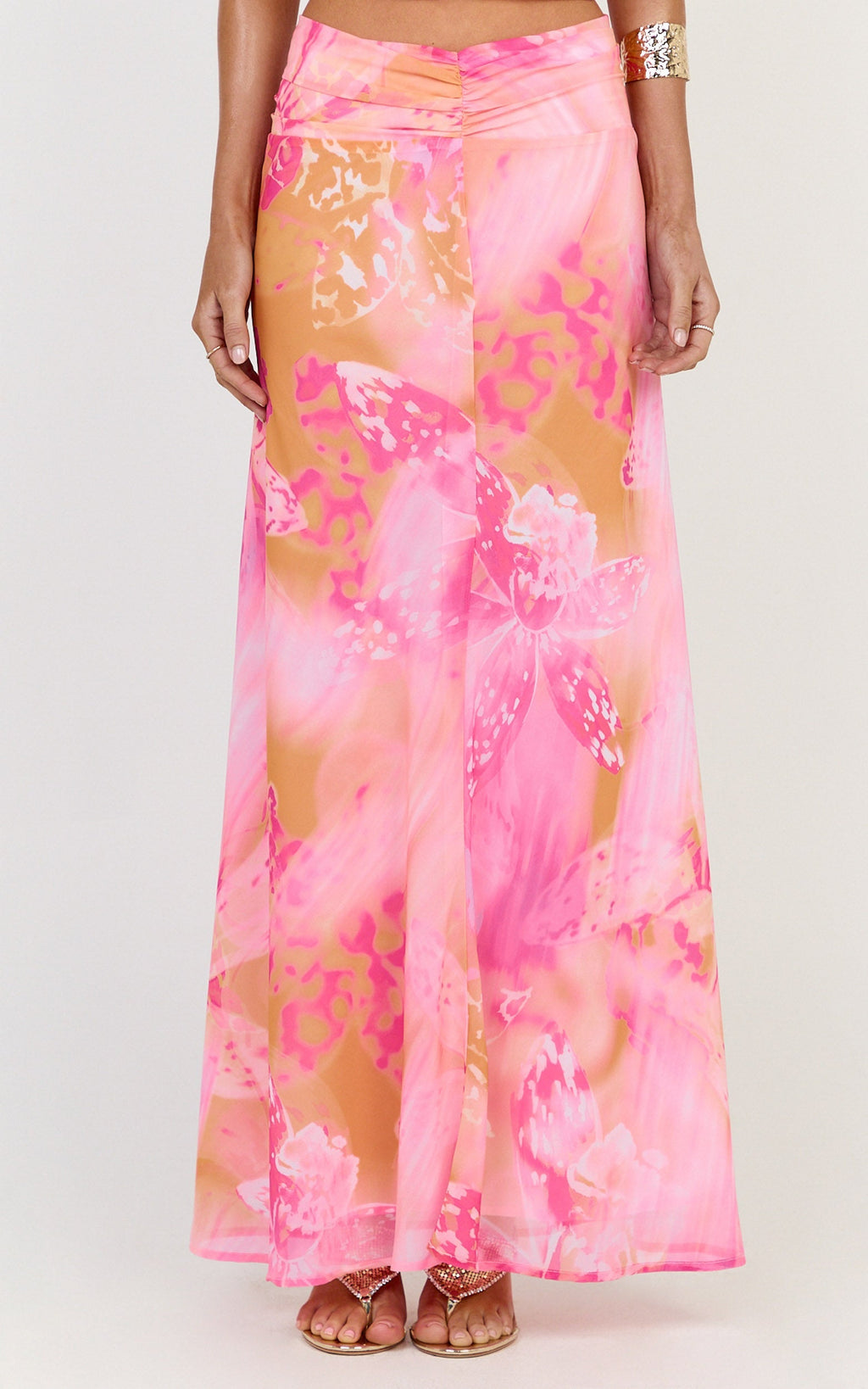 Nova Maxi Skirt - Gathered Waist Skirt in Hot House Orchid Print