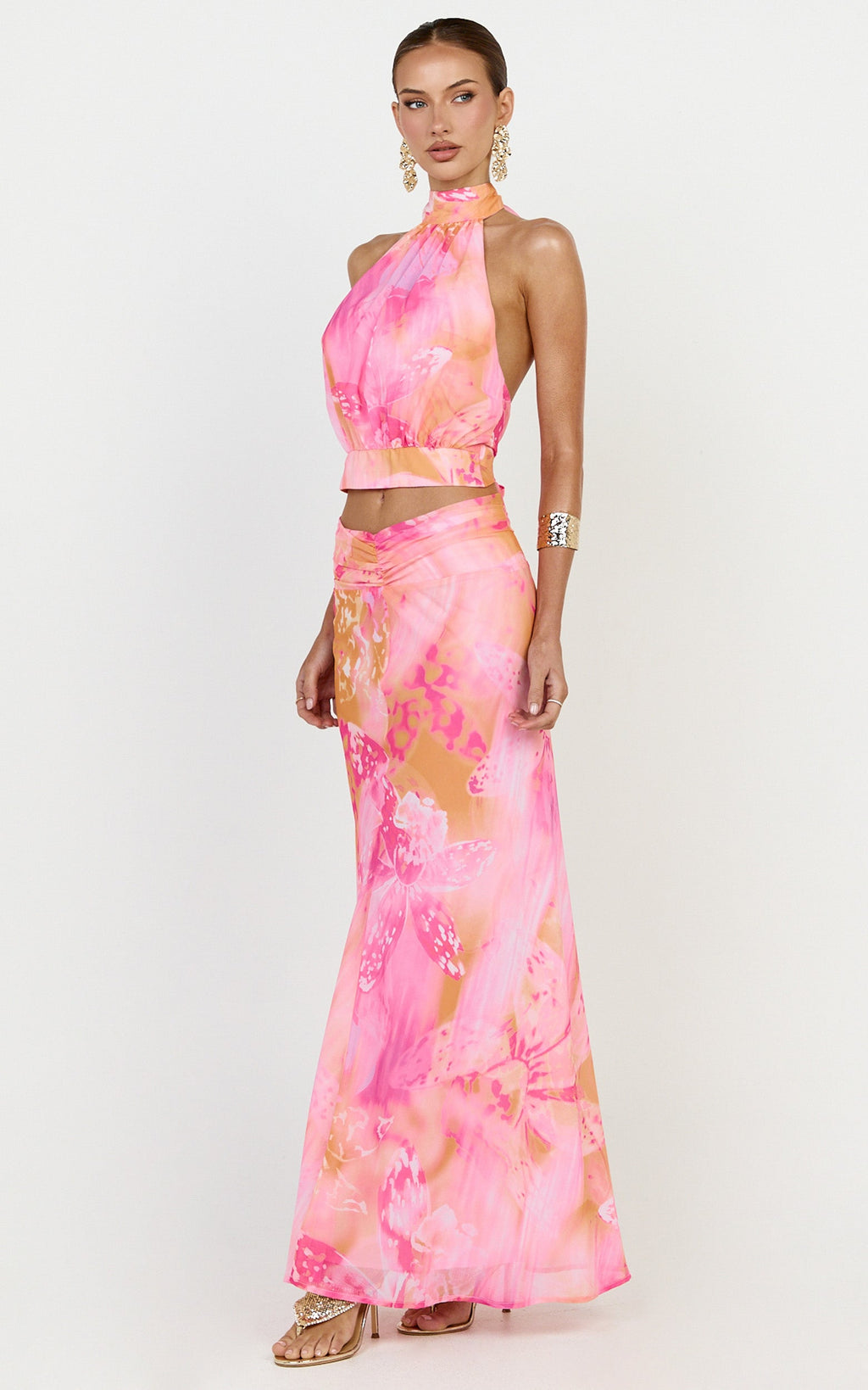 Nova Top - High Neck Georgette Top in Hot House Orchid Print
