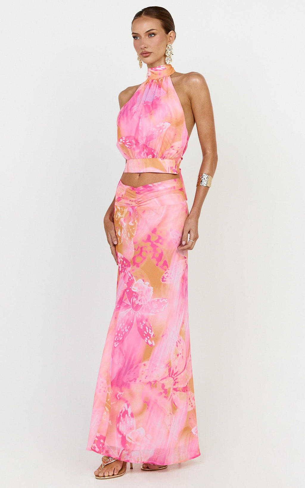 Nova Maxi Skirt - Gathered Waist Skirt in Hot House Orchid Print