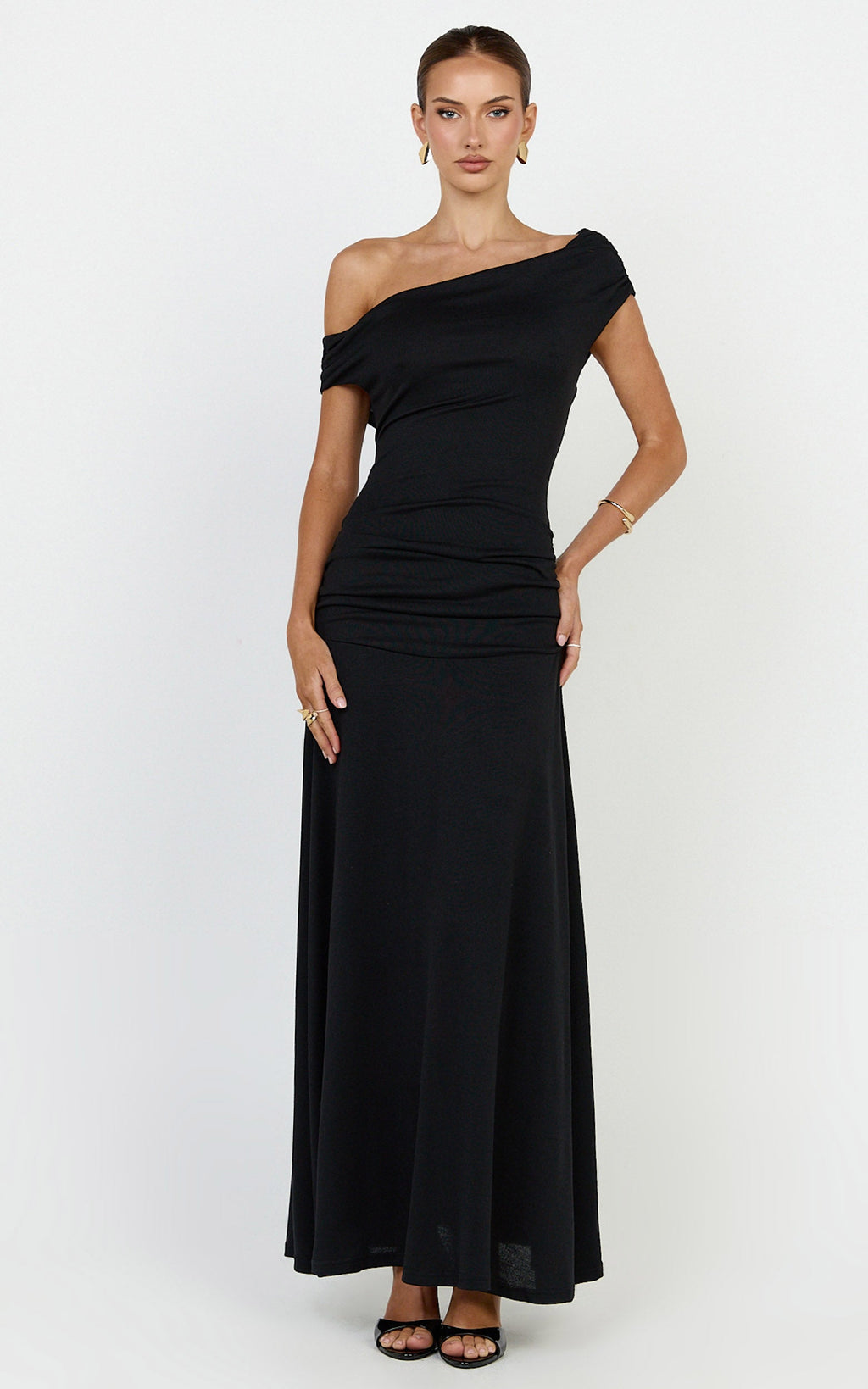 Ophelia Maxi Dress - Off Shoulder Ruched Fit And Flare Dress in Black