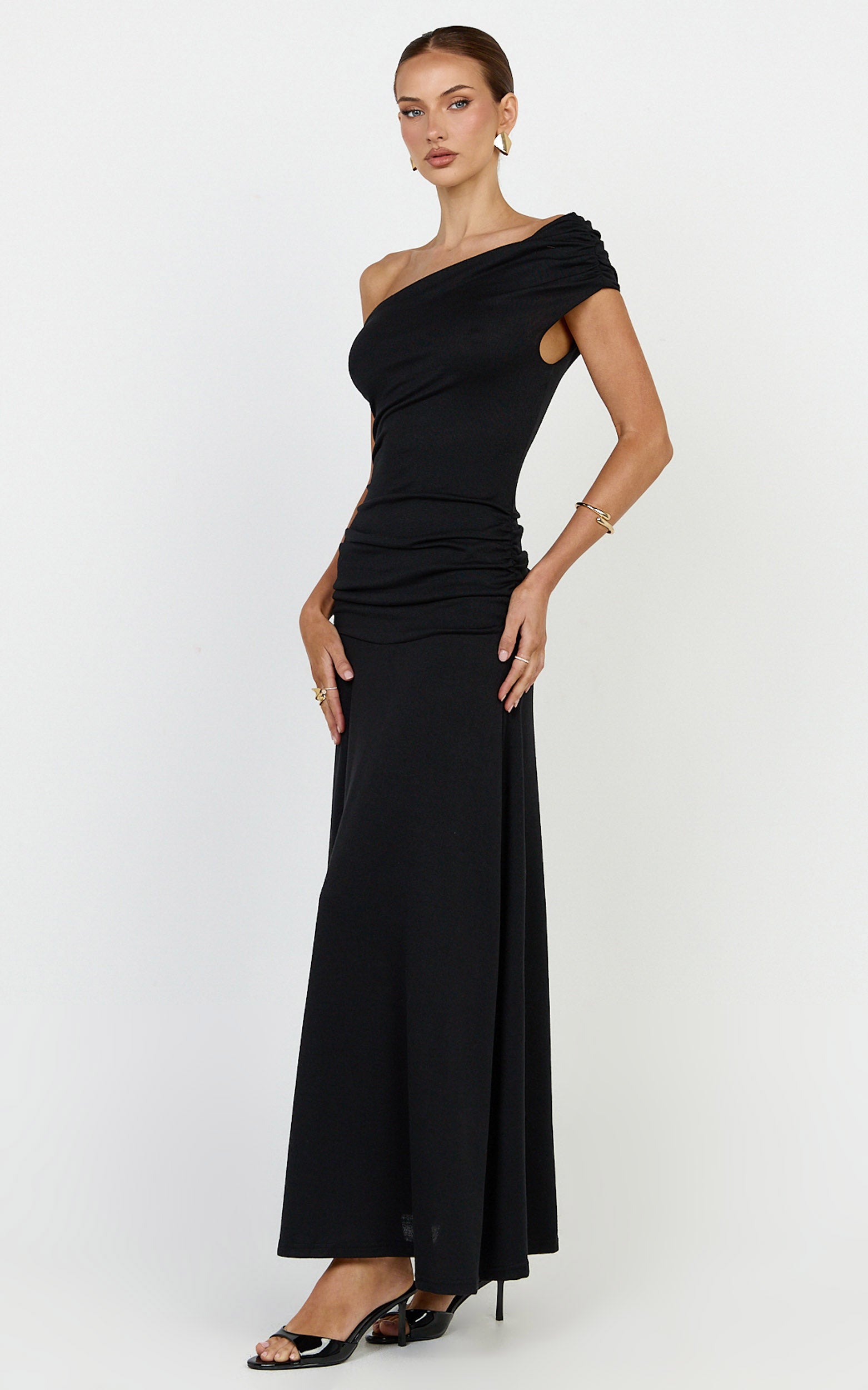 Ophelia Maxi Dress - Off Shoulder Ruched Fit And Flare Dress in Black