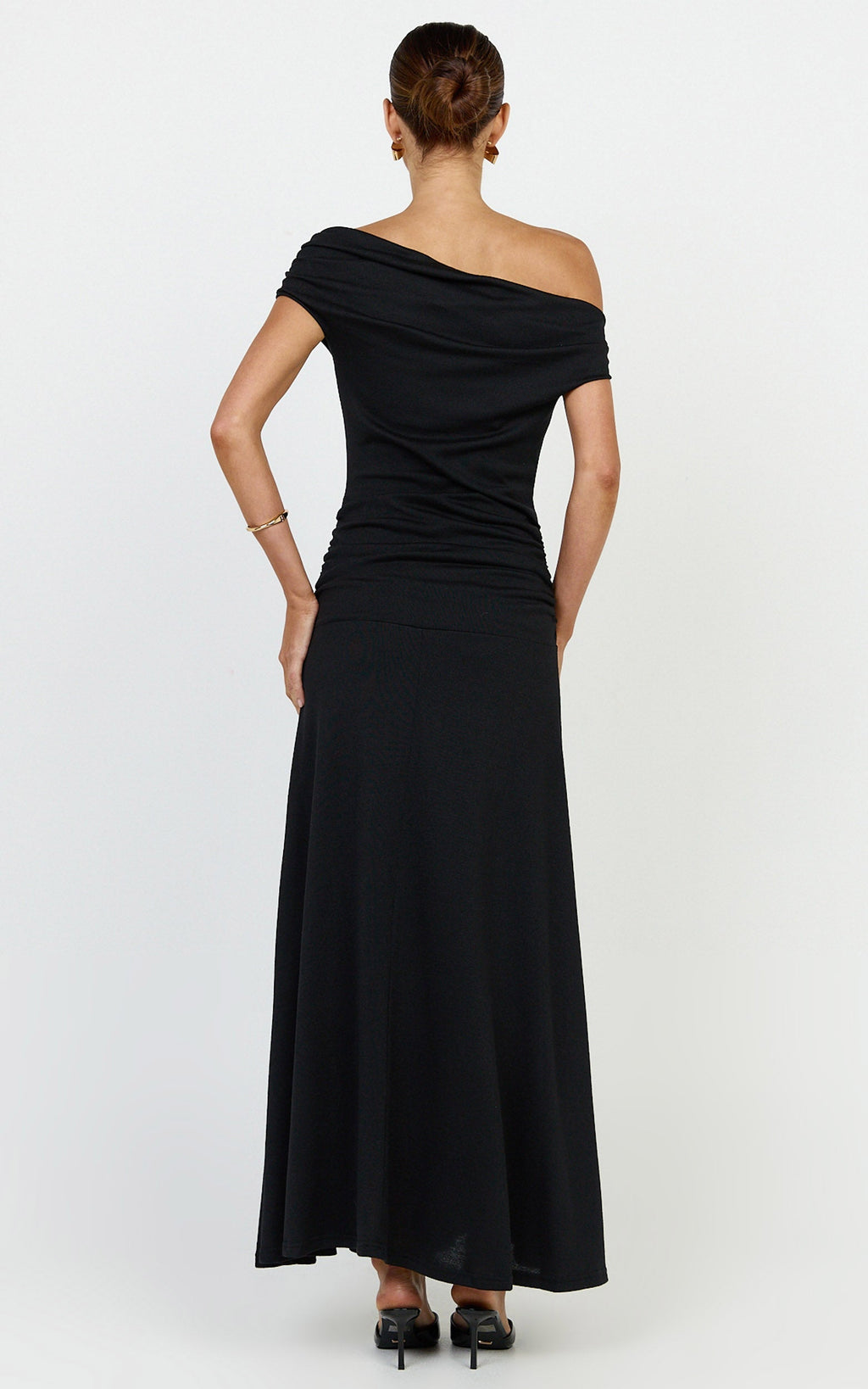 Ophelia Maxi Dress - Off Shoulder Ruched Fit And Flare Dress in Black