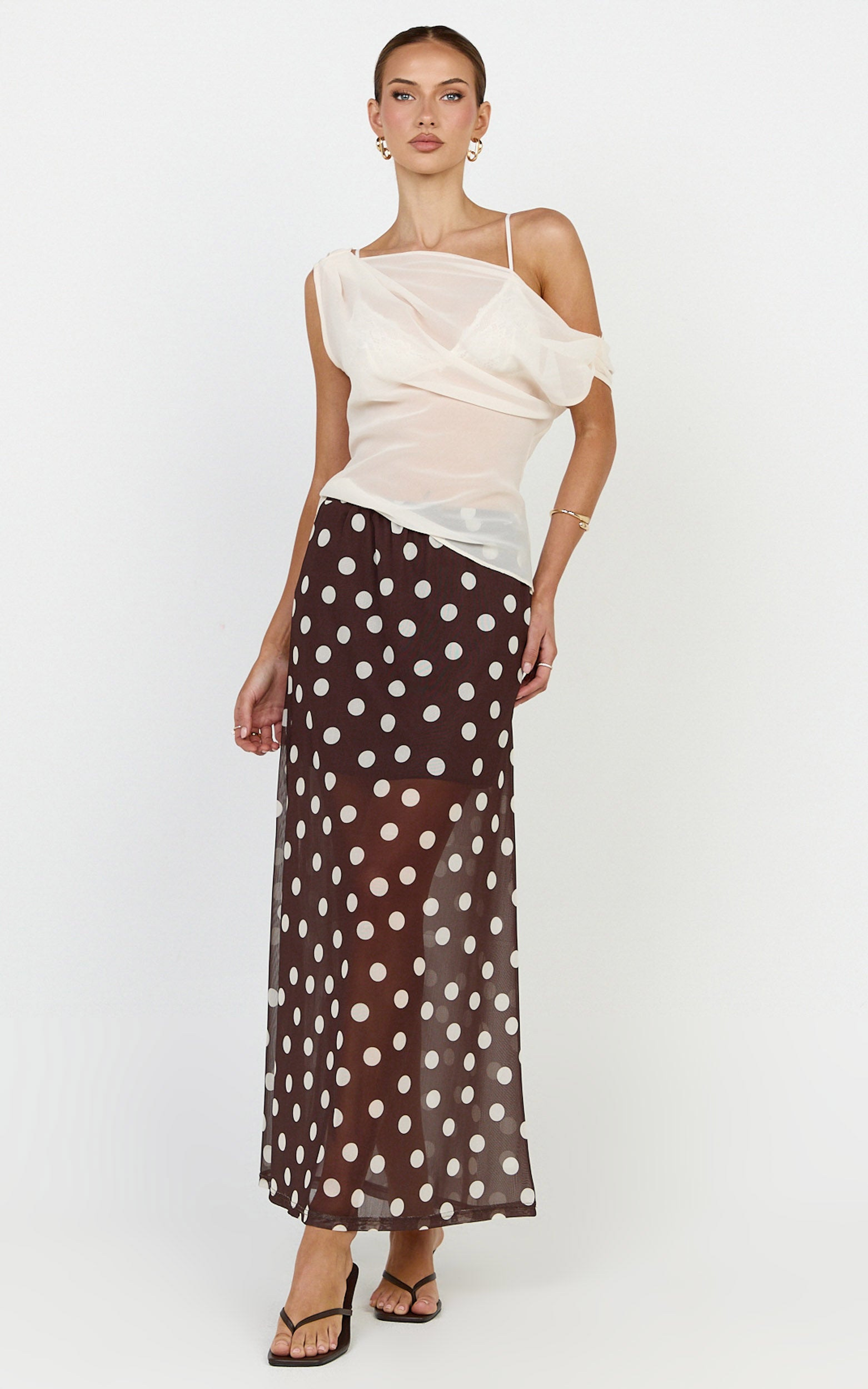 Ella Midi Skirt - Sheer Layered Skirt in Chocolate Polka Dot