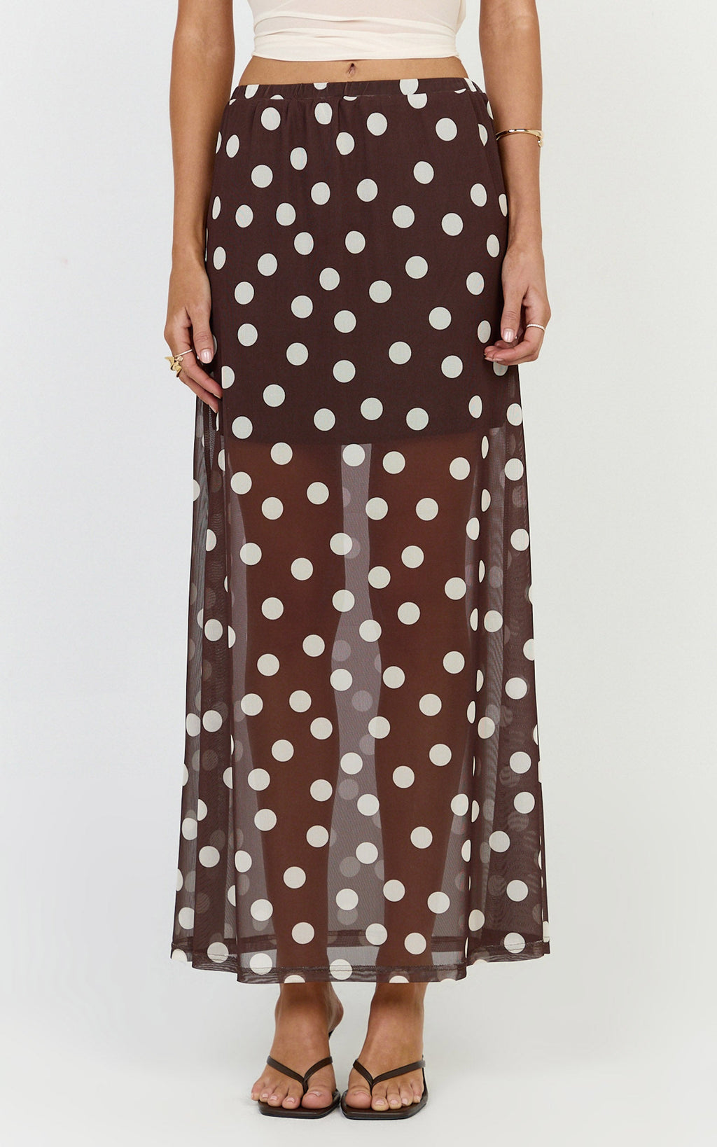 Ella Midi Skirt - Sheer Layered Skirt in Chocolate Polka Dot
