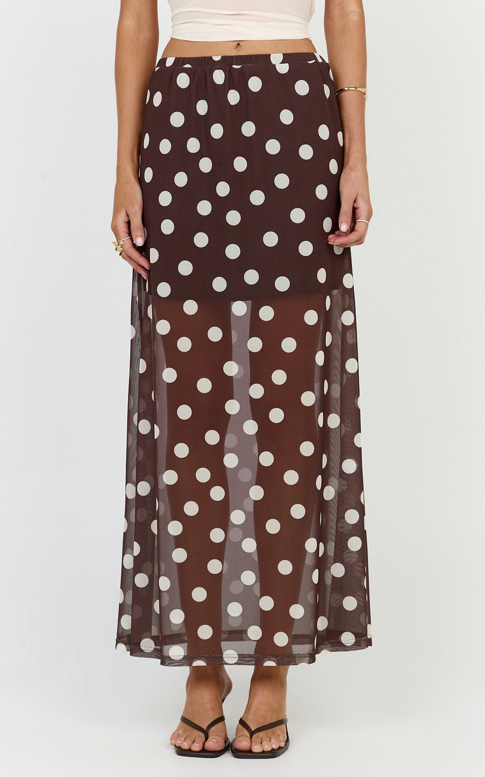 Ella Midi Skirt - Sheer Layered Skirt in Chocolate Polka Dot
