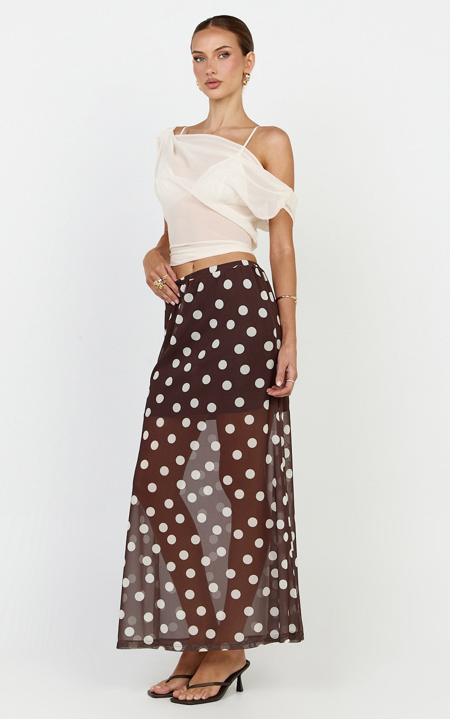Ella Midi Skirt - Sheer Layered Skirt in Chocolate Polka Dot
