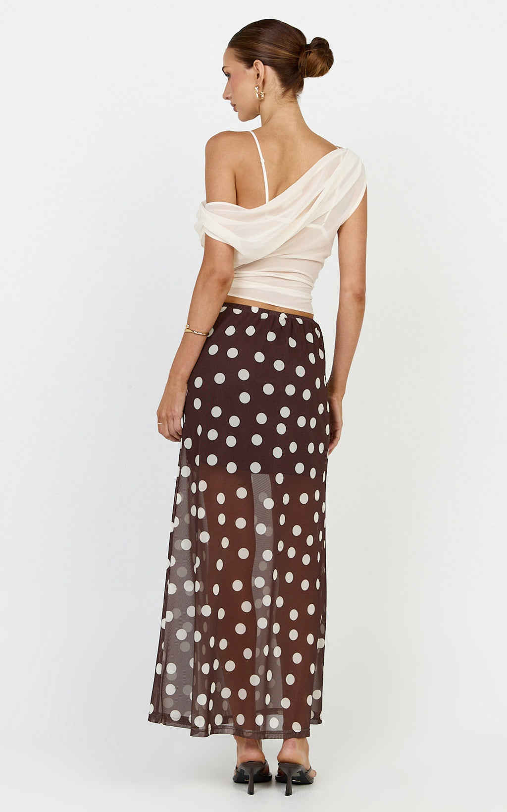Ella Midi Skirt - Sheer Layered Skirt in Chocolate Polka Dot