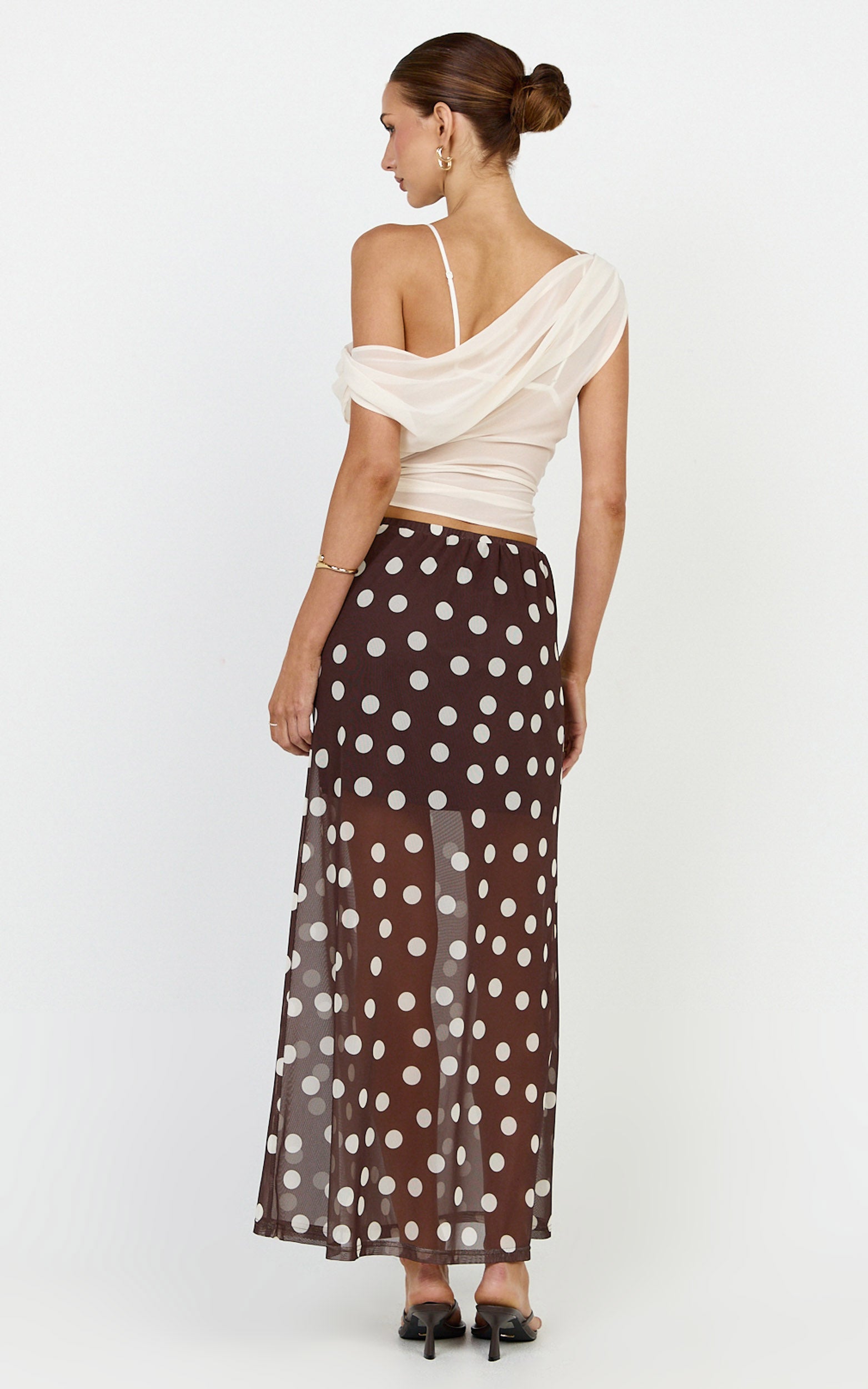 Ella Midi Skirt - Sheer Layered Skirt in Chocolate Polka Dot