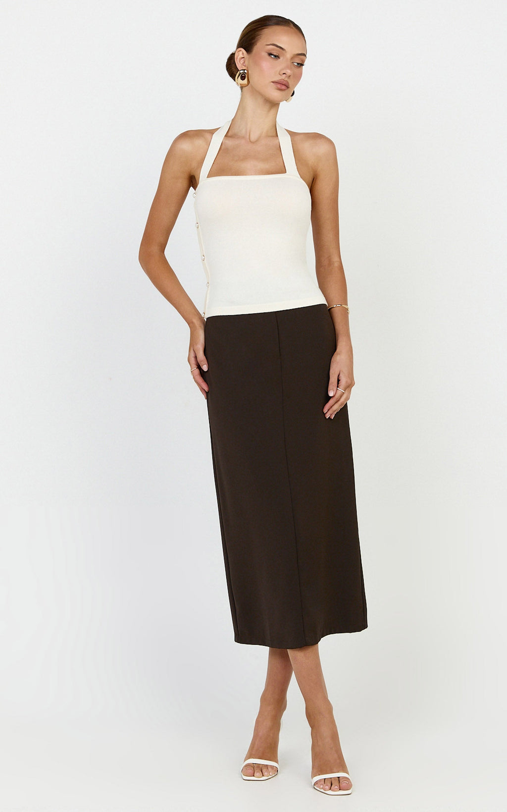 Julie Top - Tie Halter Button Detail Top in Ivory
