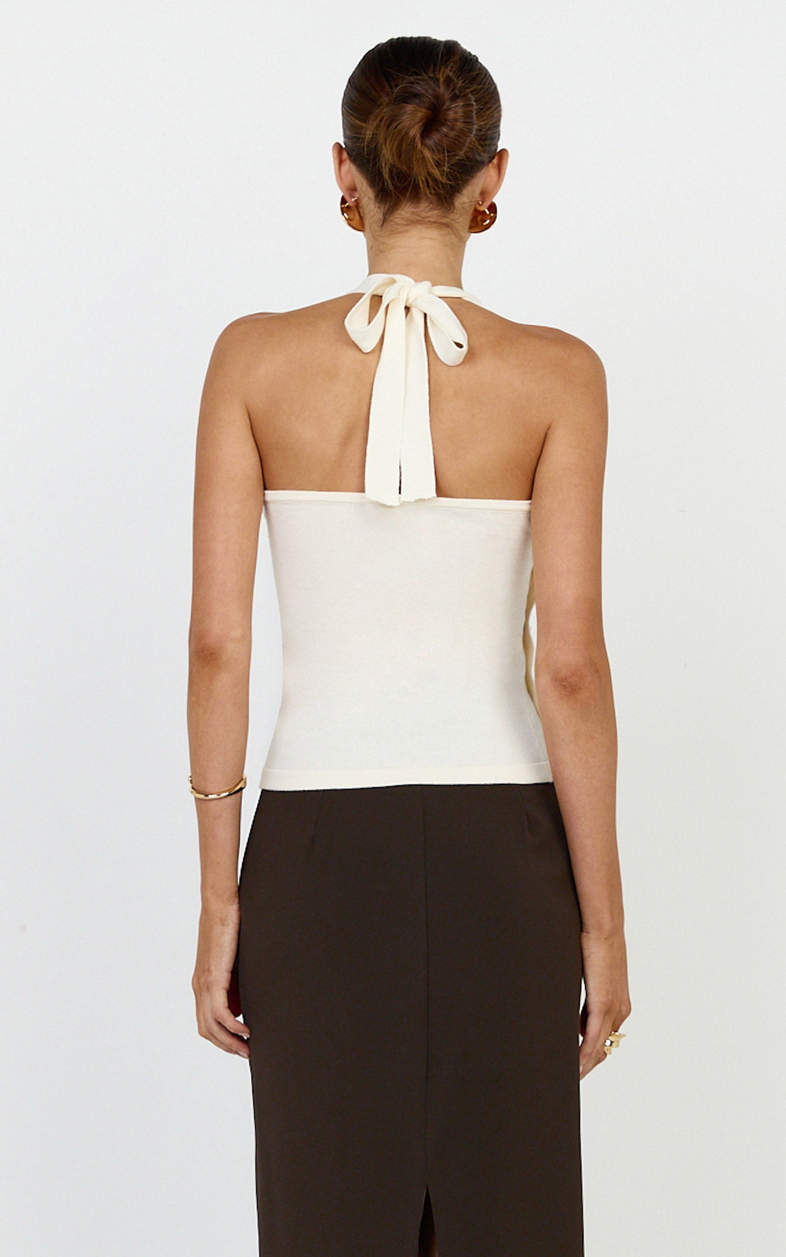 Julie Top - Tie Halter Button Detail Top in Ivory