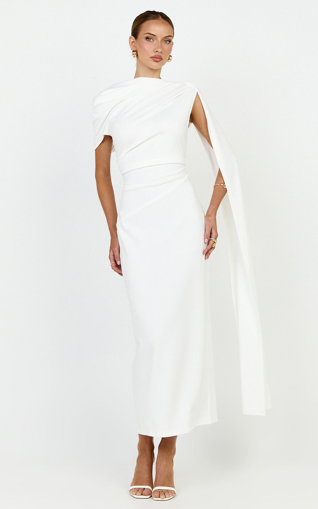 Visenta Midi Dress - Asymmetrical Sleeve Dress in White