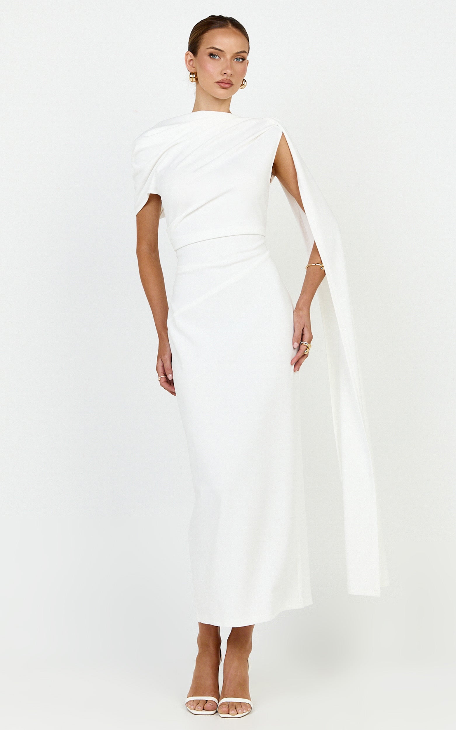 Visenta Midi Dress - Asymmetrical Sleeve Dress in White