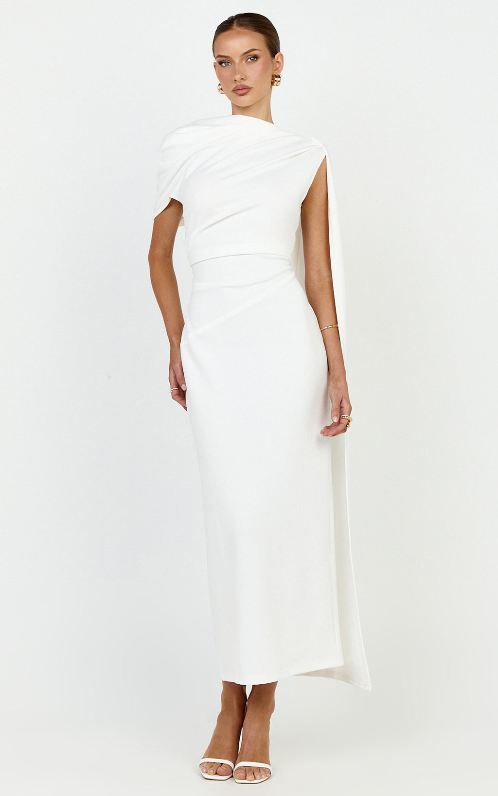 Visenta Midi Dress - Asymmetrical Sleeve Dress in White
