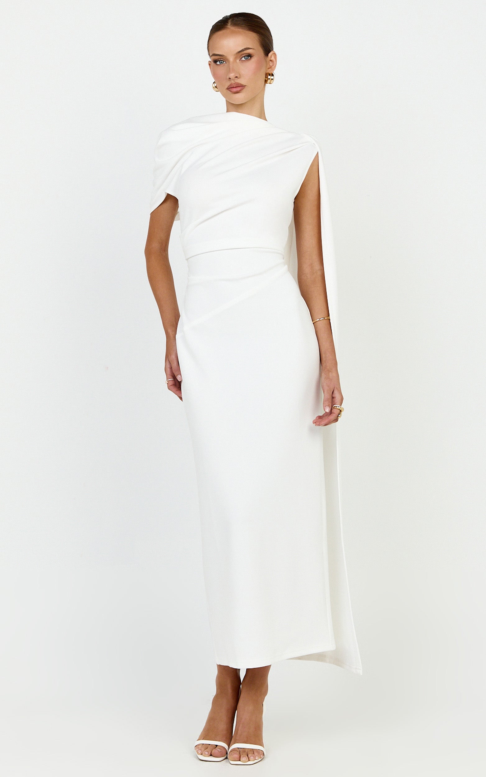 Visenta Midi Dress - Asymmetrical Sleeve Dress in White