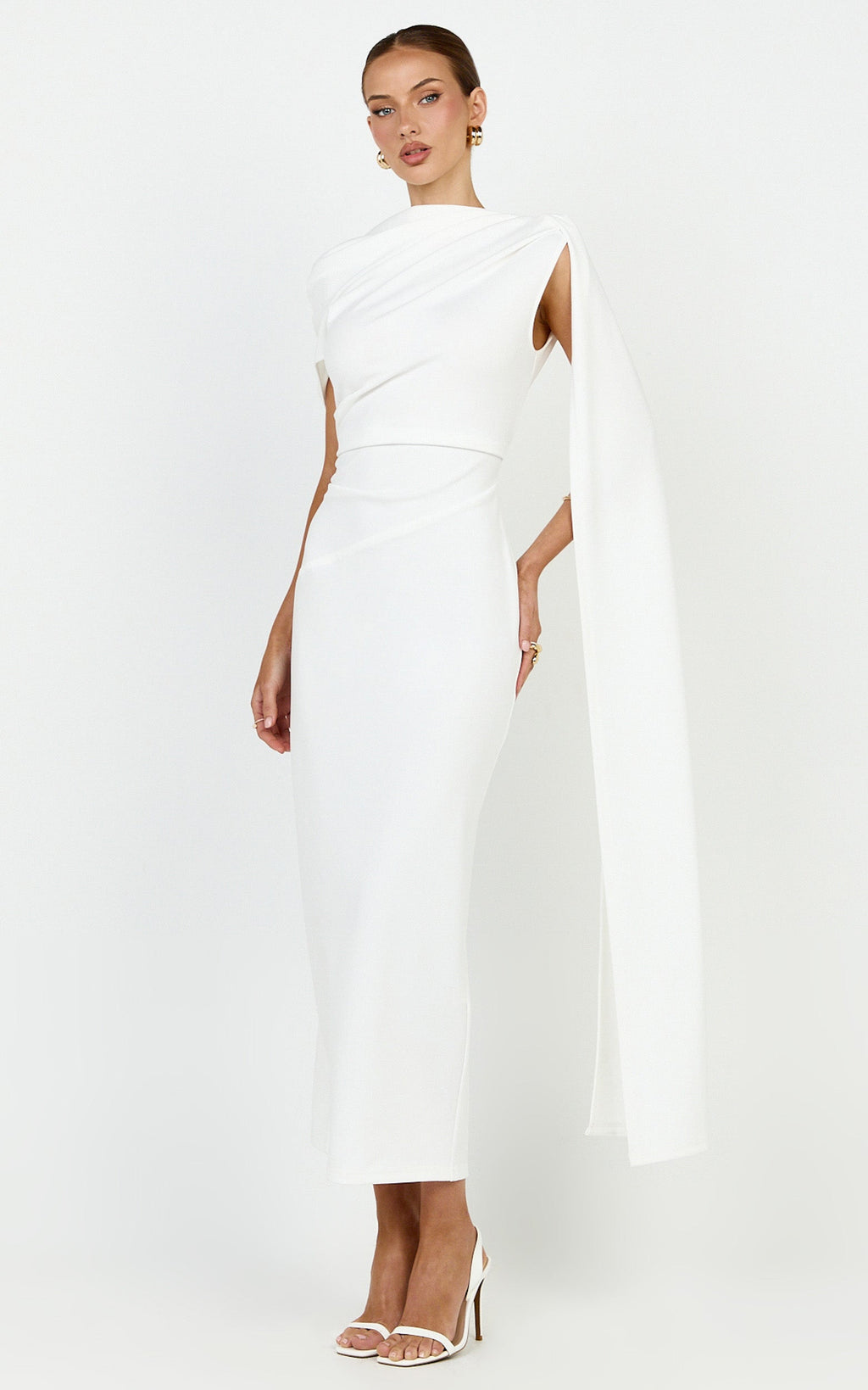 Visenta Midi Dress - Asymmetrical Sleeve Dress in White
