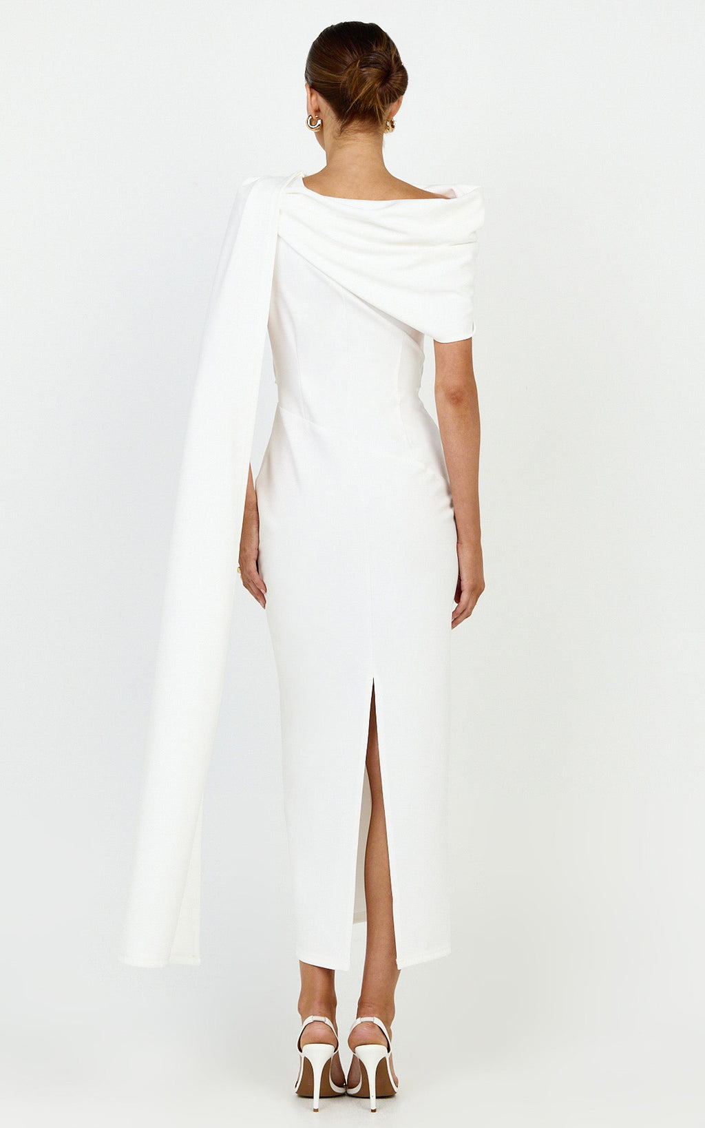 Visenta Midi Dress - Asymmetrical Sleeve Dress in White