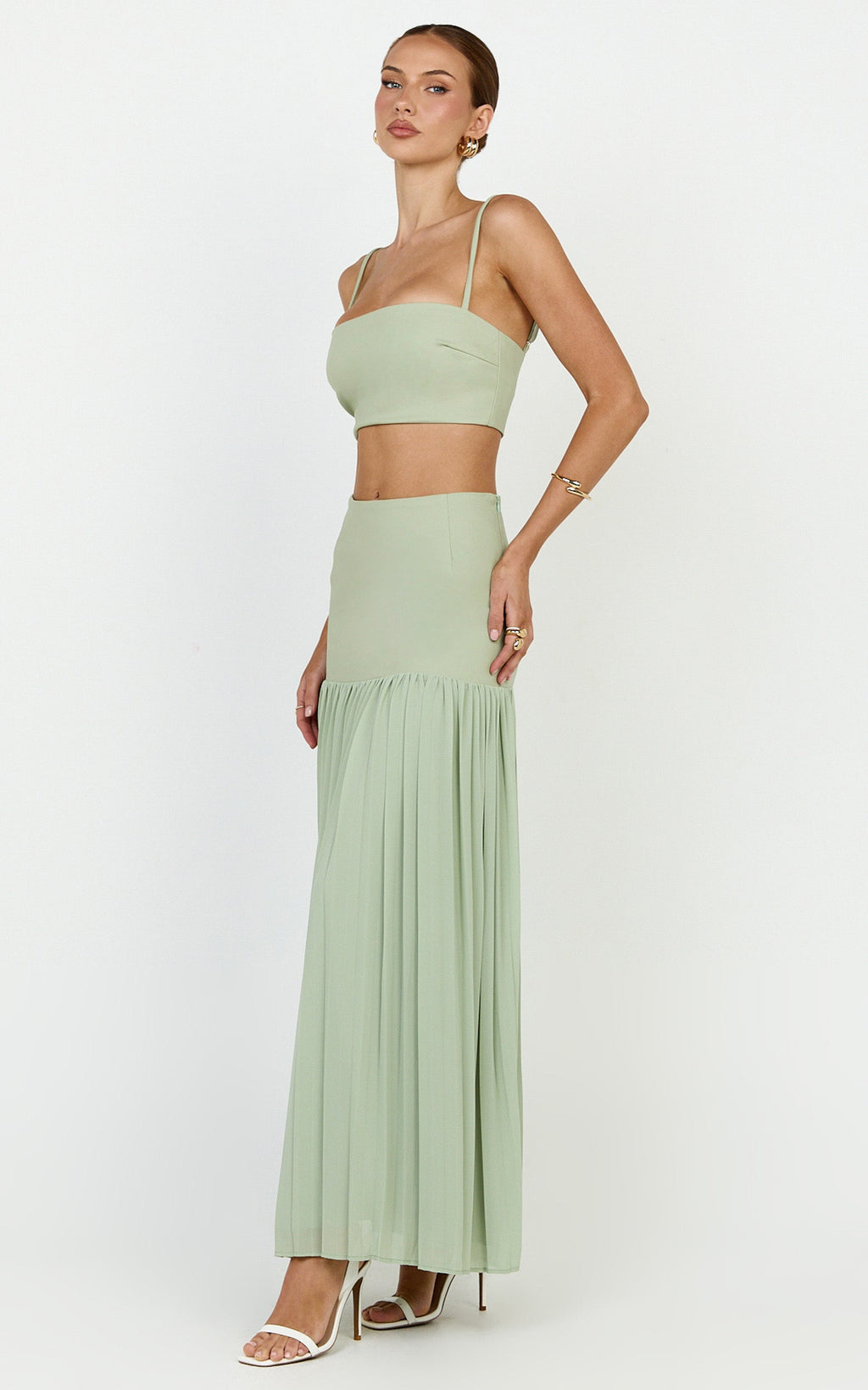 Rowan Two Piece Top and Skirt Set - Square Neck Crop Top and High Waist Pleated Maxi Skirt Set in Sage